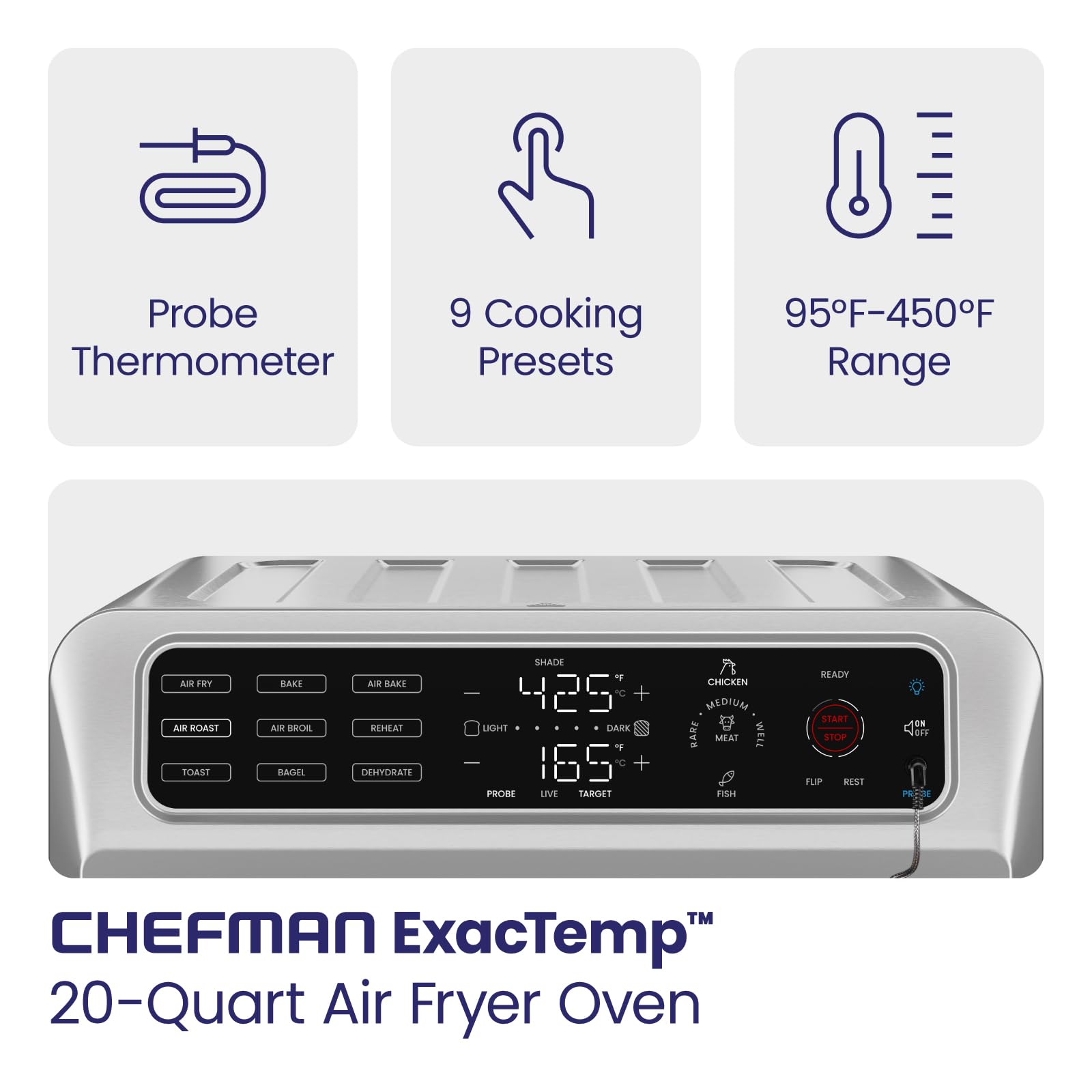 Chefman Air Fryer Toaster Oven Combo with Probe Thermometer  12-In-1 Stainless Steel Convection Countertop  10 Inch Pizza  4 Slices of Toast  Cooking  Baking  Toasting  Roaster Oven Airfryer 20QT