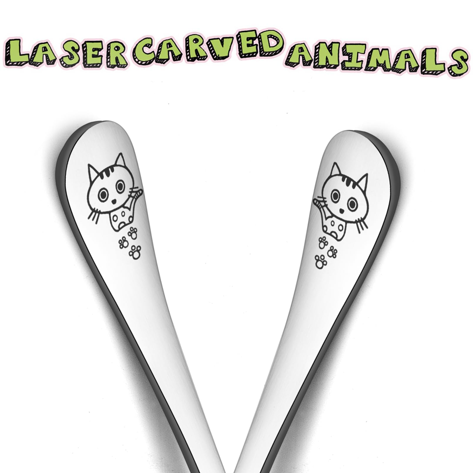 Teamfar Toddler Spoons, Stainless Steel Toddler Kids Spoon Set Silverware, Non Toxic & Healthy, Cute Animals & Attached Travel C