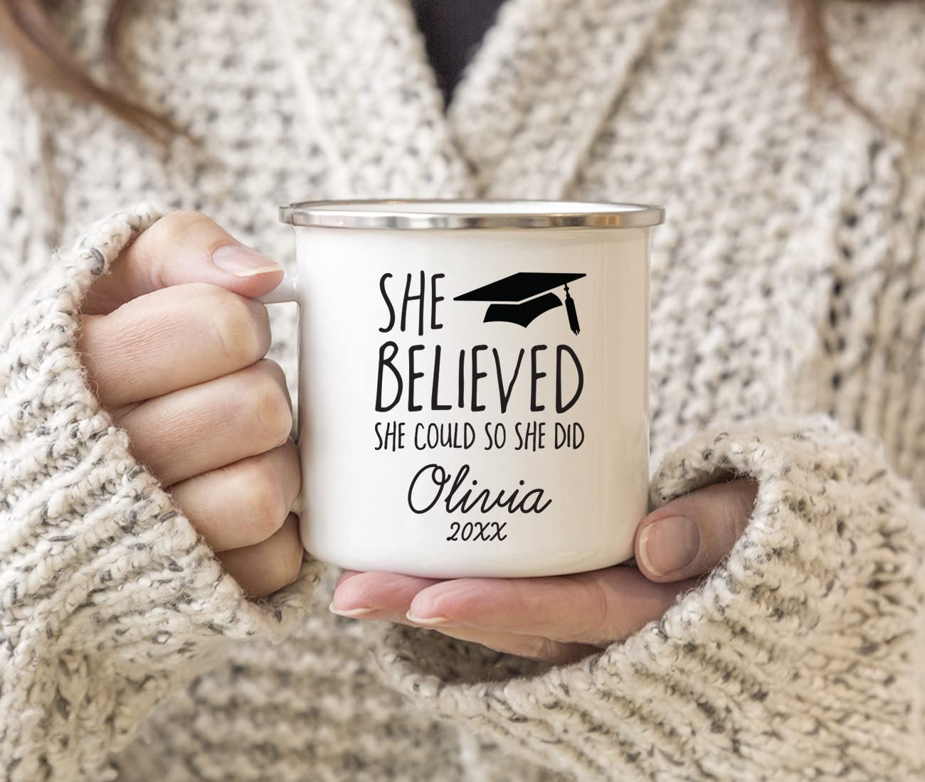 Andaz Press Personalized Custom 11Oz. Graduation Stainless Steel Campfire Coffee Mug Gift, She Believed She Could So She Did, Gr