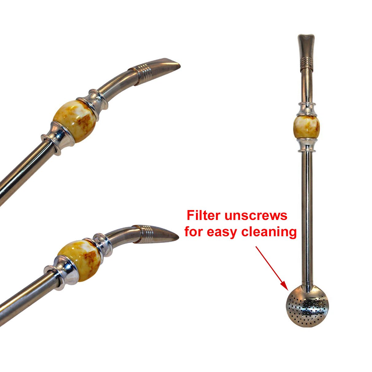 Rechere Stainless Steel Yerba Mate Tea Bombilla Gourd Drinking Straw Filter Silver (Yellow)
