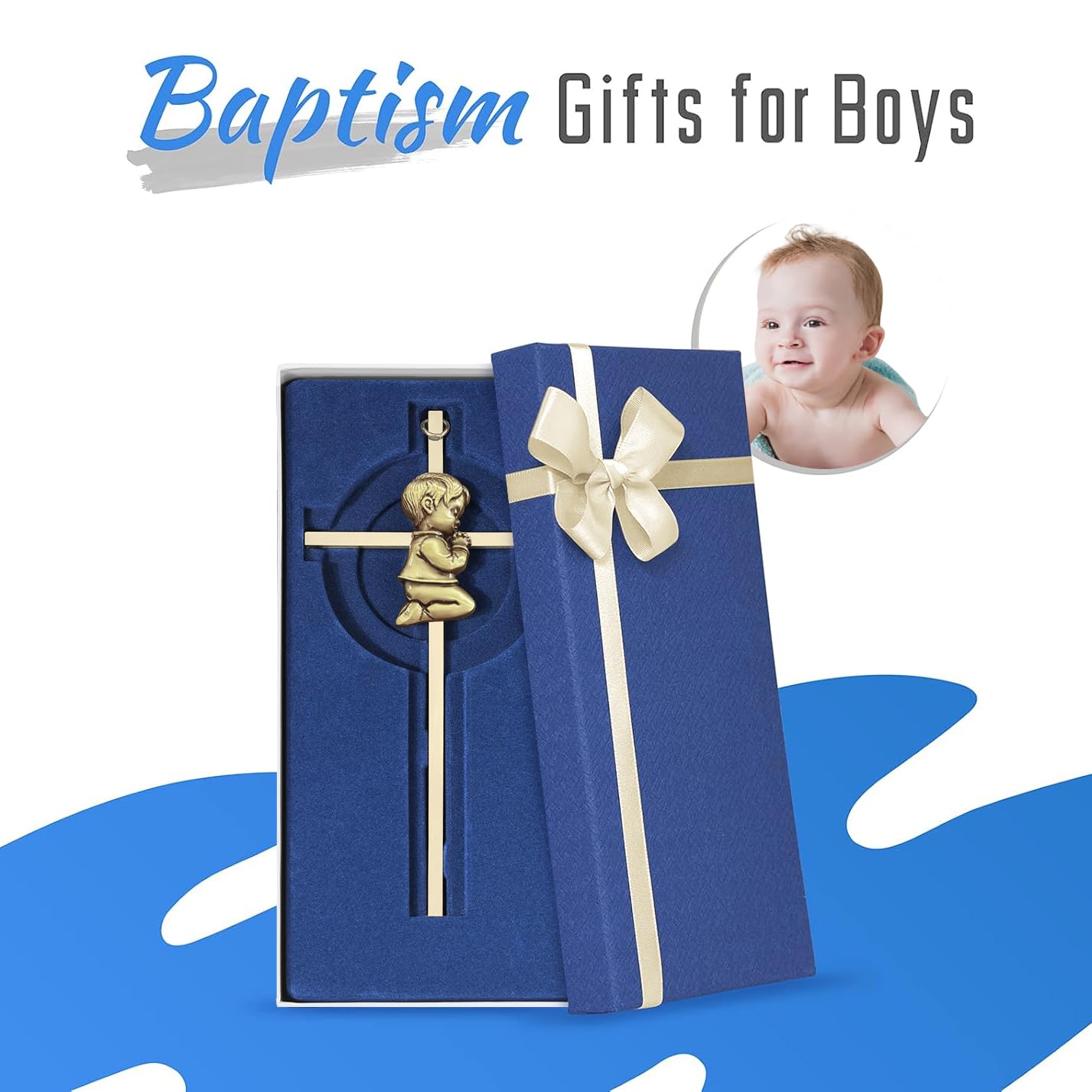 Tryuunion Baby Wall Cross Baptism and Christening Gifts for Boys, 7-inch Olive Golden Blessing Catholic Boy Baptism Crosses for