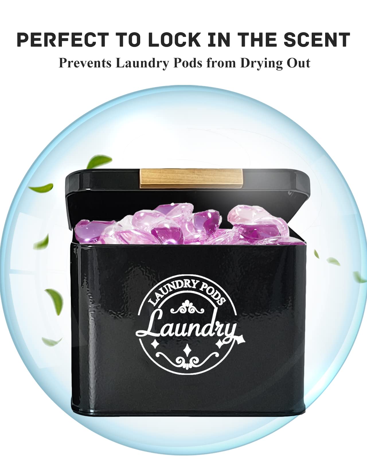 Laundry Pods Container With Hinged Lid. Modern Laundry Room Organization And Storage. Farmhouse Metal Laundry Pods Holder For La