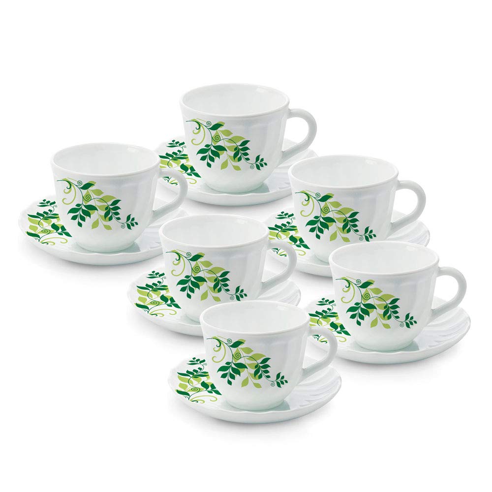 Larah By Borosil Fern Cup And Saucer Set, 220Ml, 12-Piece, White - Glass