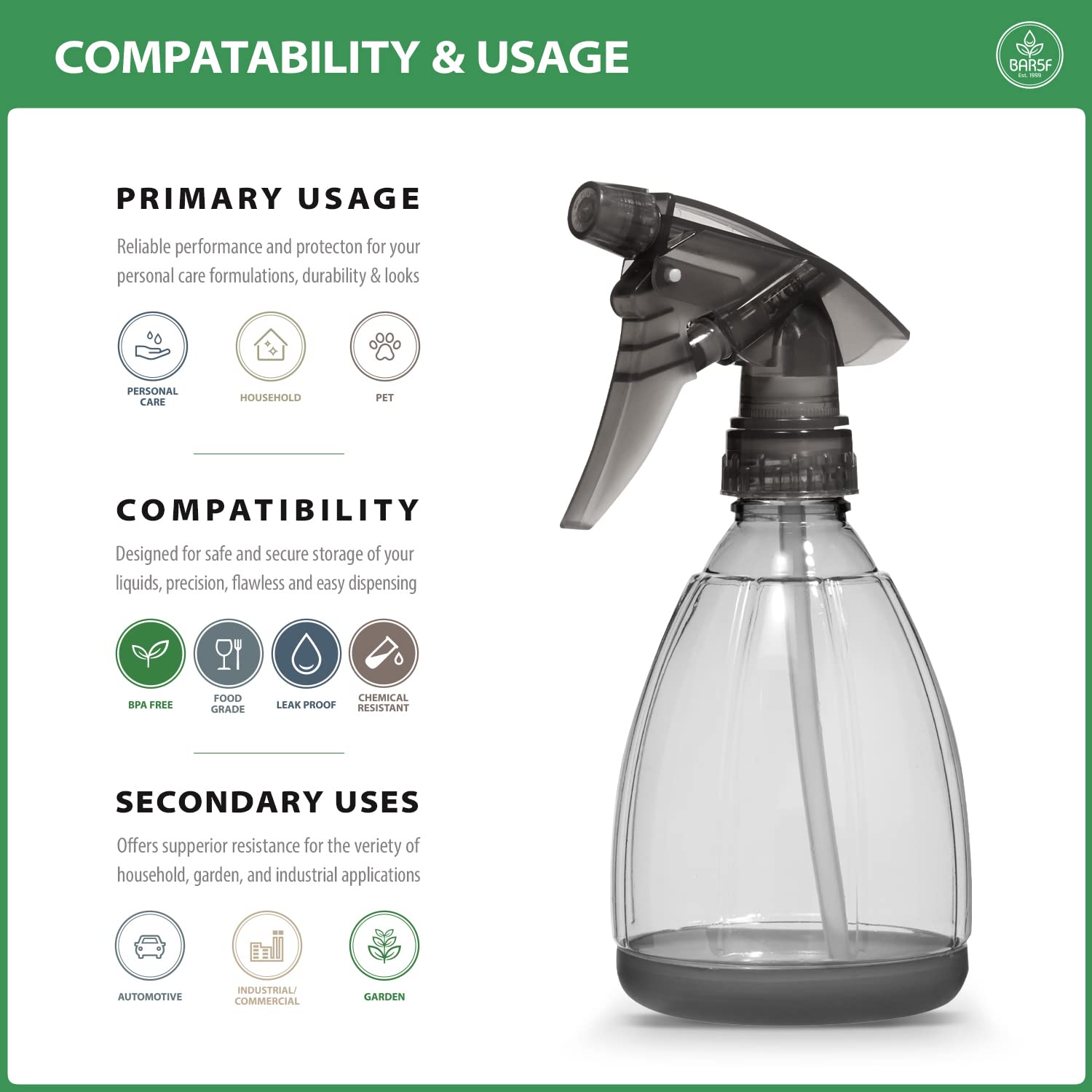Bar5F Plastic Spray Bottle, 12 Oz | Leak Proof, Empty, Trigger Handle, Adjustable Fine To Stream Output, Refillable, Heavy Duty
