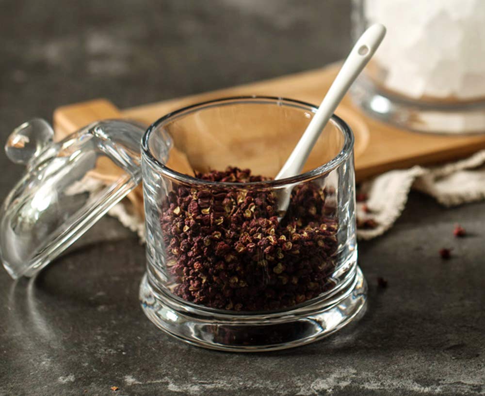 Glass Sugar Bowl Spice Jar Seasoning Pot with Lid And Stainless Steel Spoon