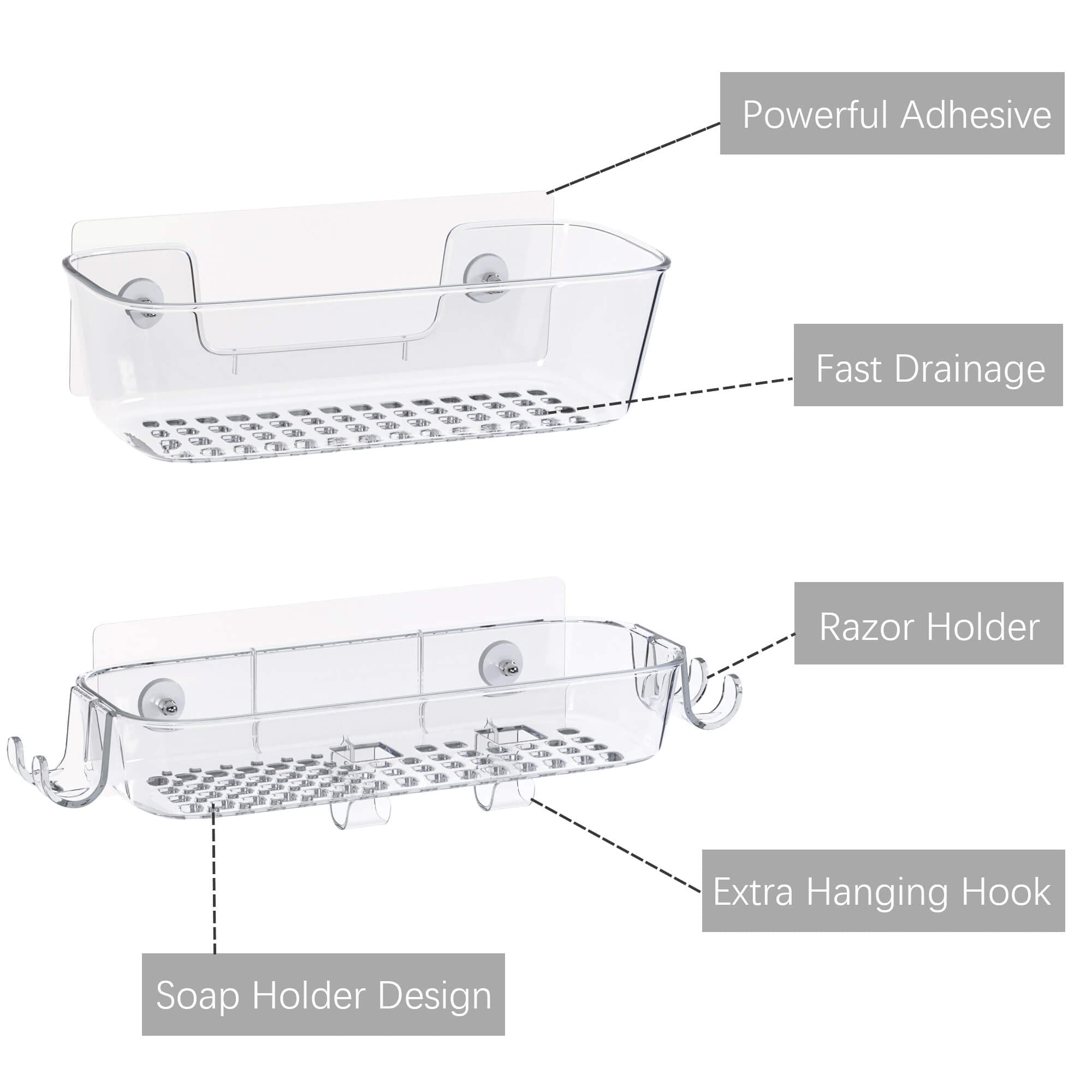 Tzamli Shower Caddy, Adhesive Shower Organizer Rustproof Shower Shelf With Razor Holder And Hook, Shower Rack For Bathroom Stora