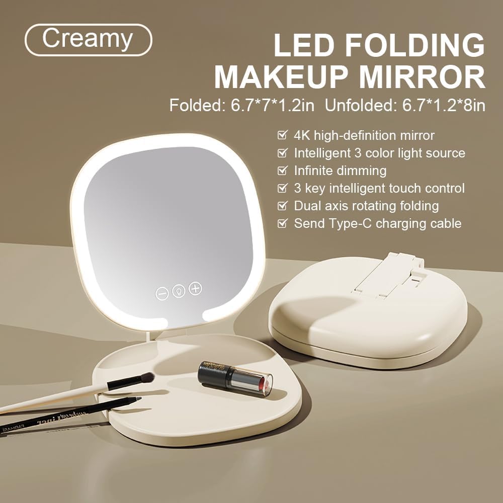 Lumicll Rechargeable LED Travel Makeup Mirror, 3-Color Lighting, Dimmable Touch Screen, Multi Angle Adjustable, Foldable and Por