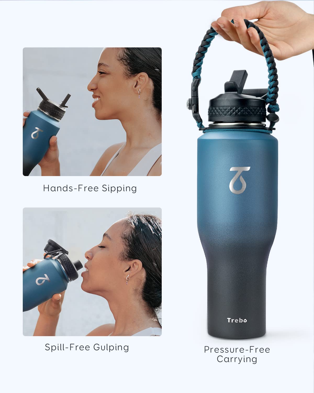 Trebo 40Oz Water Bottle Insulated With Lid And Straw,Double Wall Vacuum Stainless Steel Metal Tumbler Flask Fit In Any Car Cup H