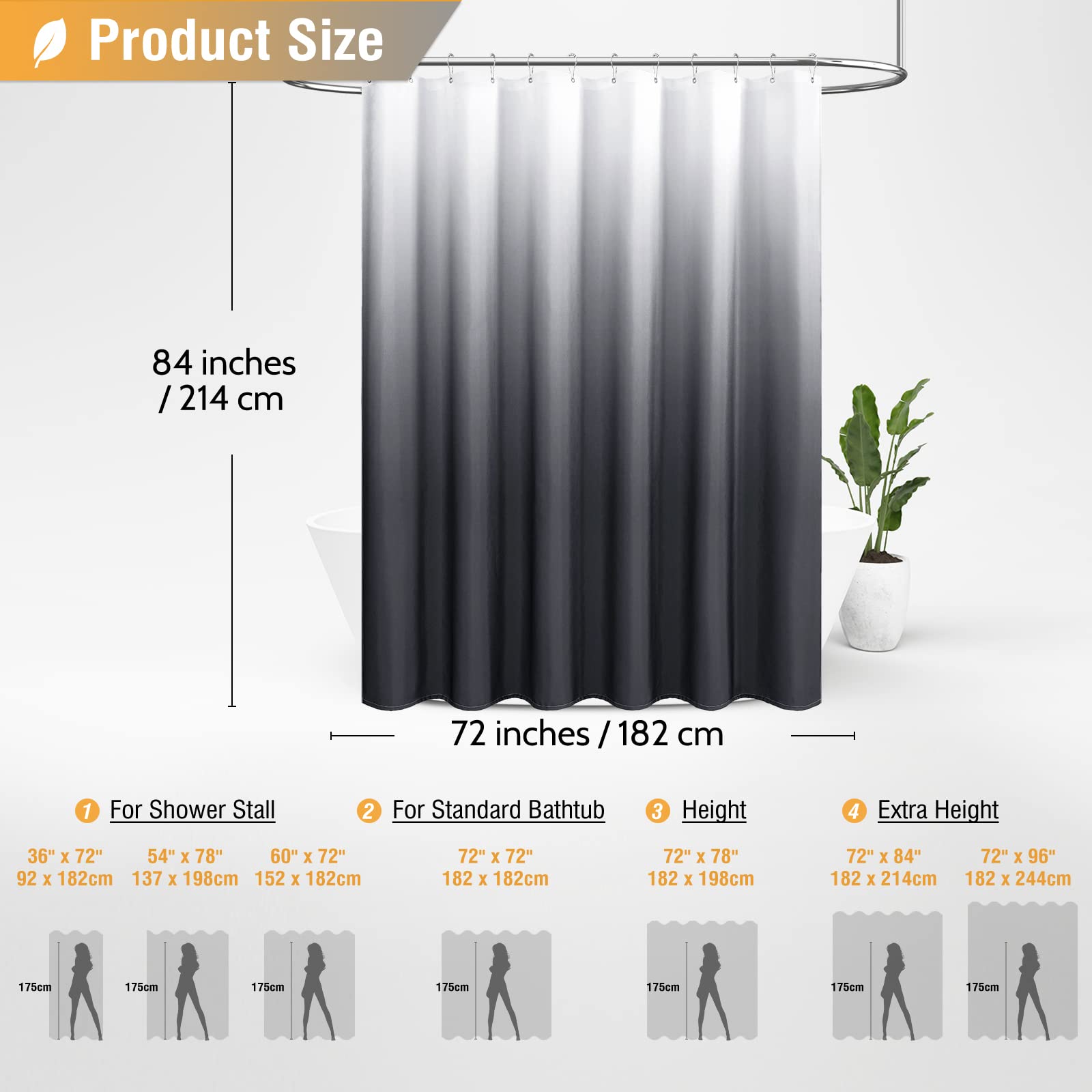 BTTN Extra Long Shower Curtain - 72 x 84 Inch Long Ombre Linen Textured Fabric Shower Curtain Set with Hooks  Modern Simple Decor  Tall Hotel Spa Luxury Cloth Shower Curtains for Bathroom - Grey