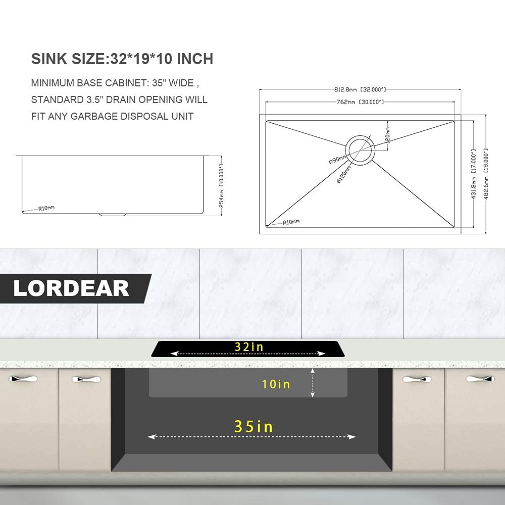 32 Undermount Kitchen Sink - Lordear 32X19 Inch Undermount Sinks Stainless Steel 16 Gauge Single Bowl Under Counter Basin Round
