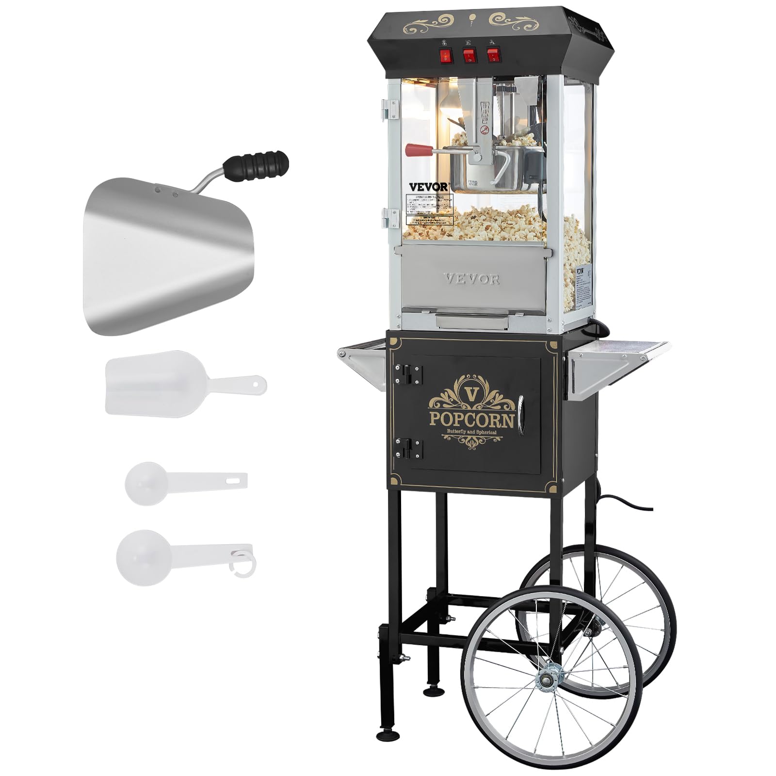 VEVOR Popcorn Maker with Cart, 850W Popcorn Popper Machine, 8 Oz Kettle Makes 48 Cups per Batch, Popcorn Maker Equipped with Tem