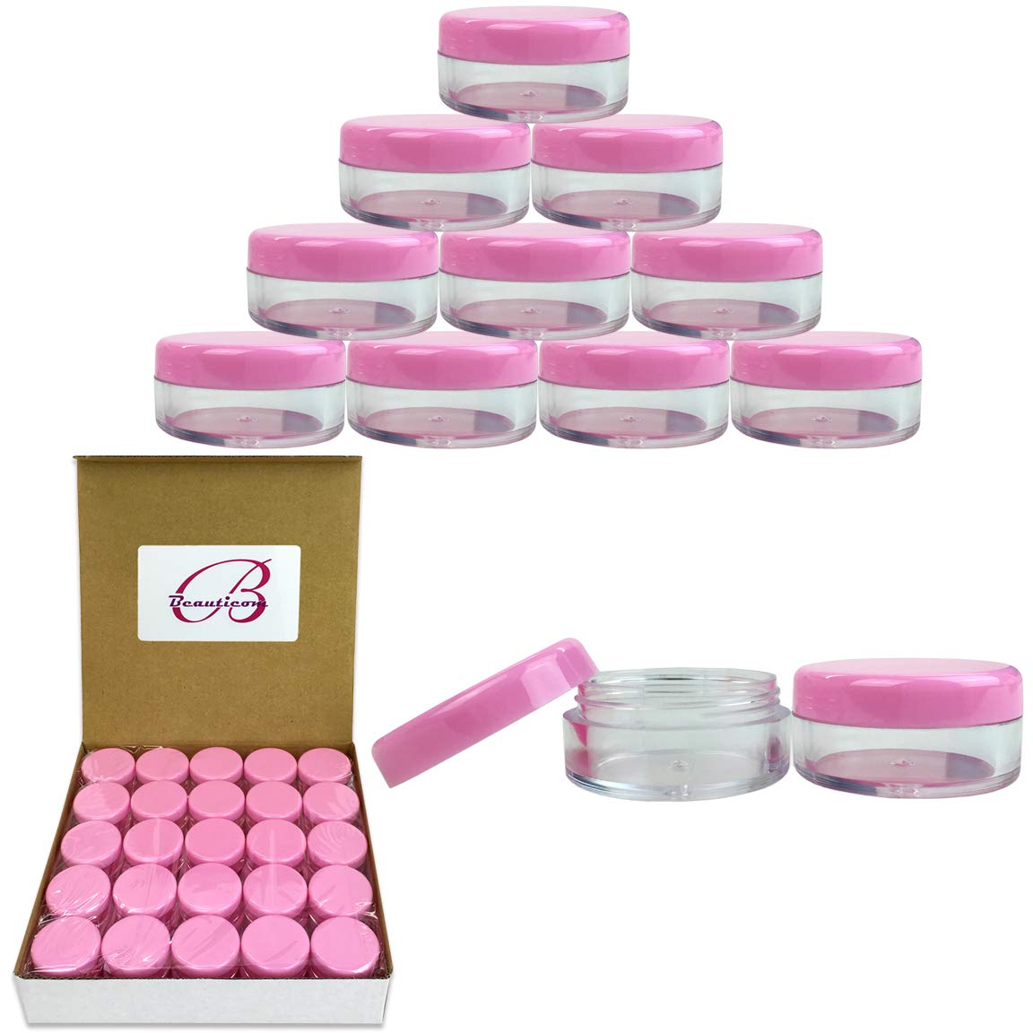 Beauticom 5G/5Ml Clear Plastic Cosmetic Container Jars With Pink Lids, 50 Pcs