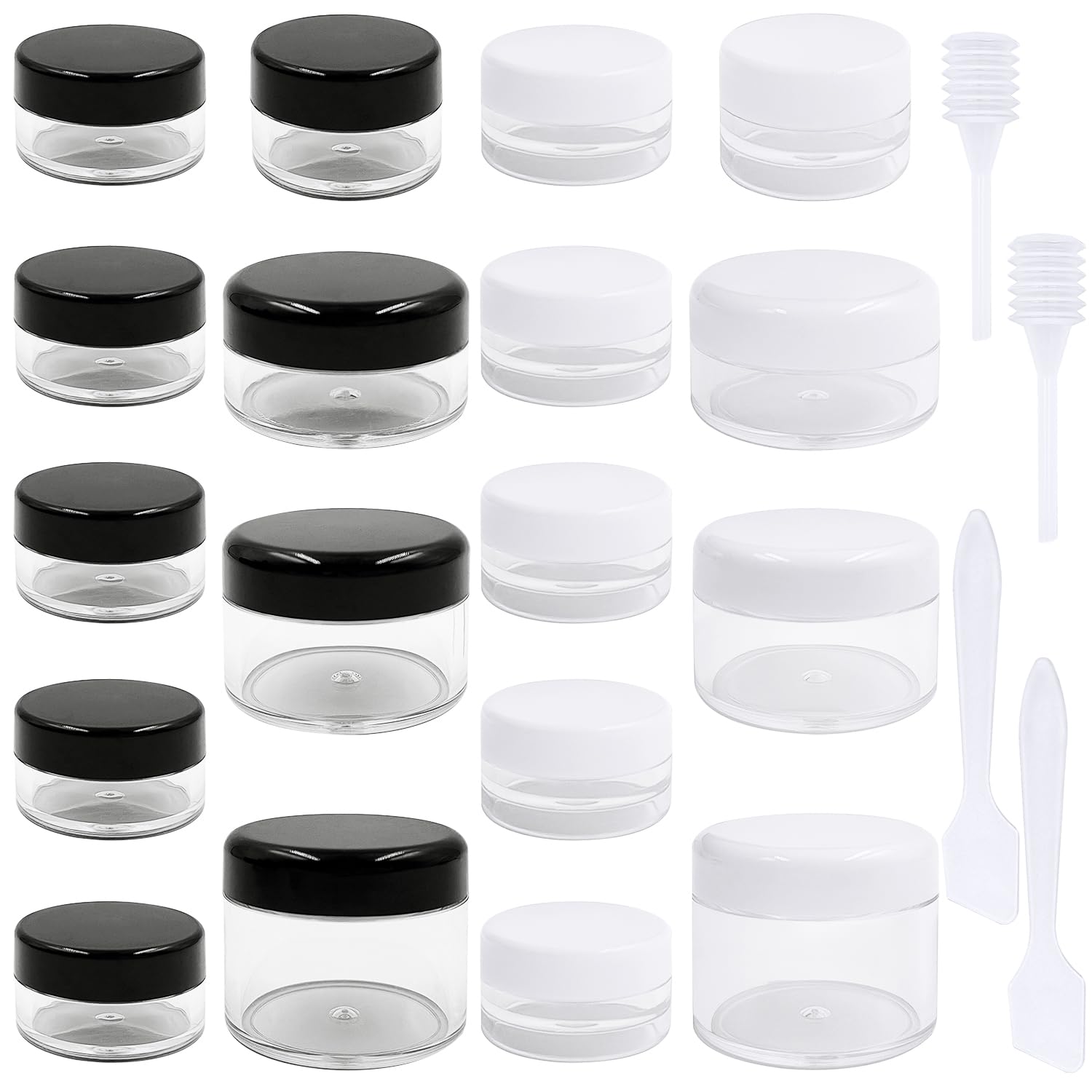 18 Pcs Makeup Travel Containers With Lids 3/5/10/15/ 20 Gram Size Cosmetic Jars With 4 Pcs Mini Spatulas And Dropper, Round Clea