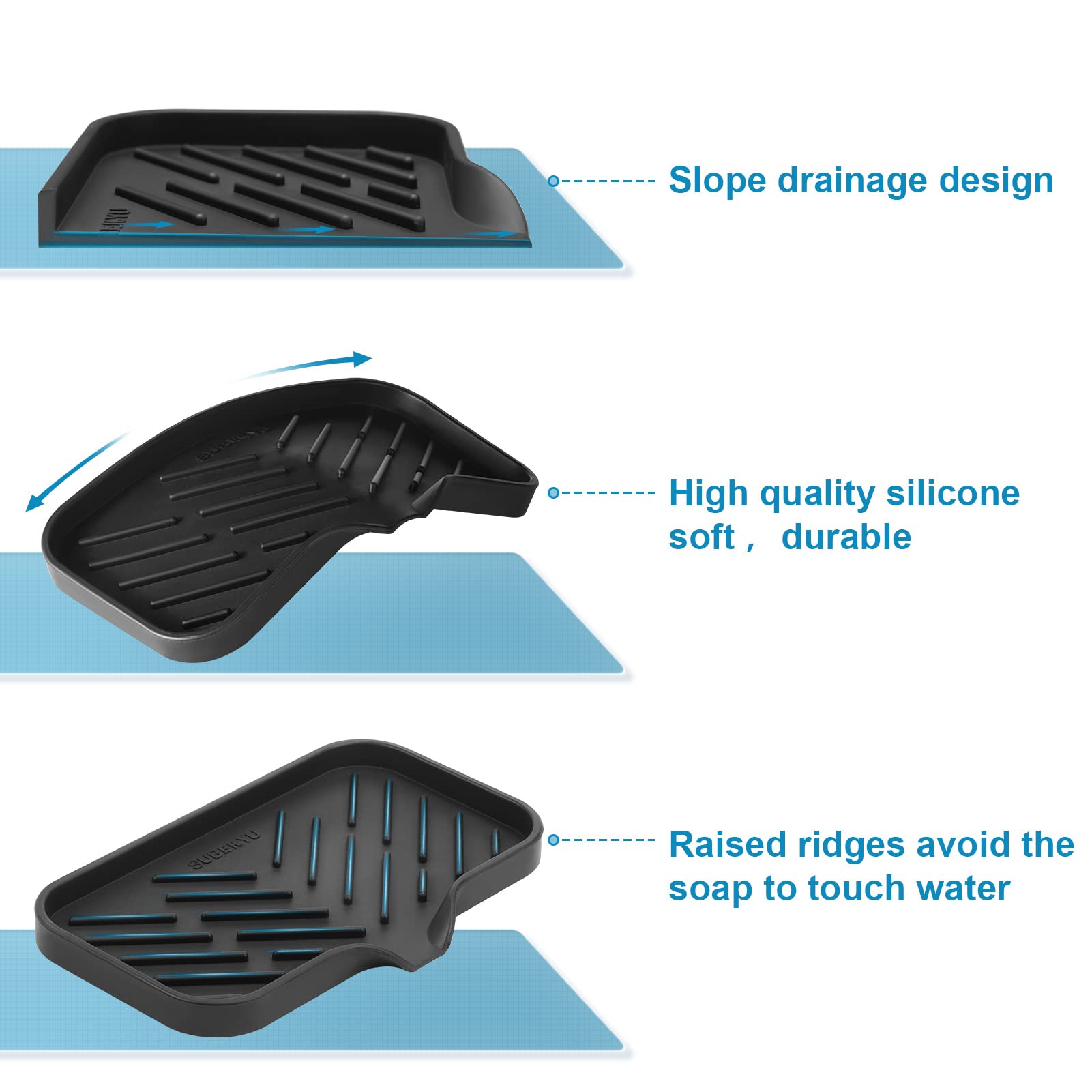 SUBEKYU Silicone Kitchen Soap Tray  Sink Tray for Kitchen Counter/Soap Bottles  Sponge Holder and Organizer with Drain Spout  Black  [Size: 9.5 x 5 inch]