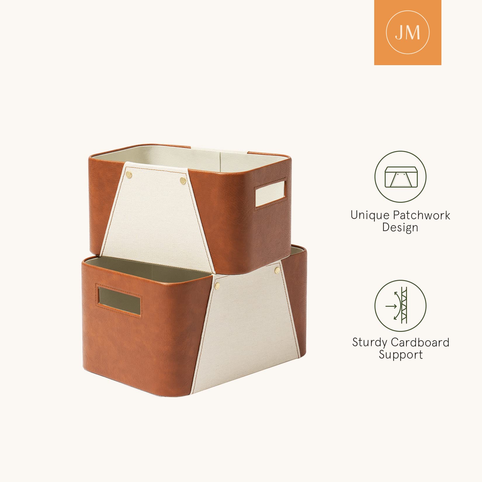 La Jolie Muse Storage Baskets For Organizing, 2 Pack, Storage Cube Boxes Luxury Brown Vegan Leather And Beige Greige Fabric For