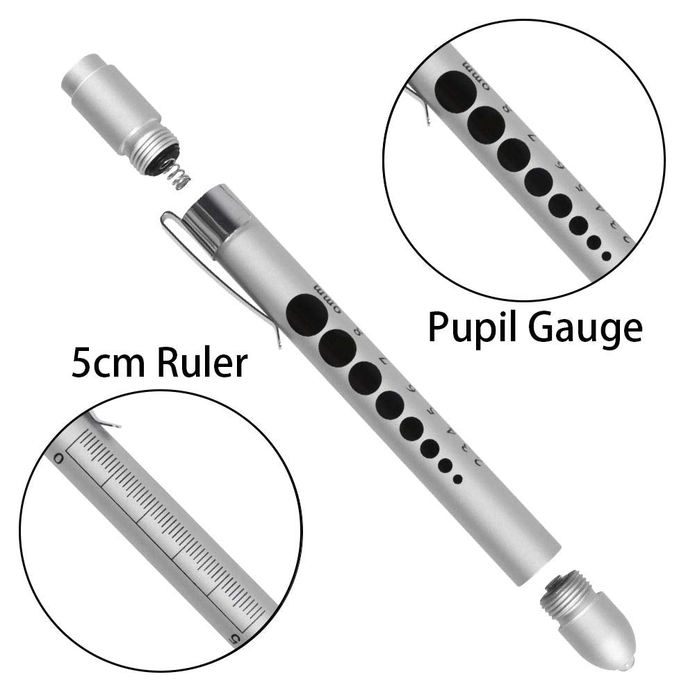 Aokin Medical Pen Light For Nurse Doctor, Reusable Led Medical Penlight Flashlight With Pupil Gauge And Ruler, White Light, Silv