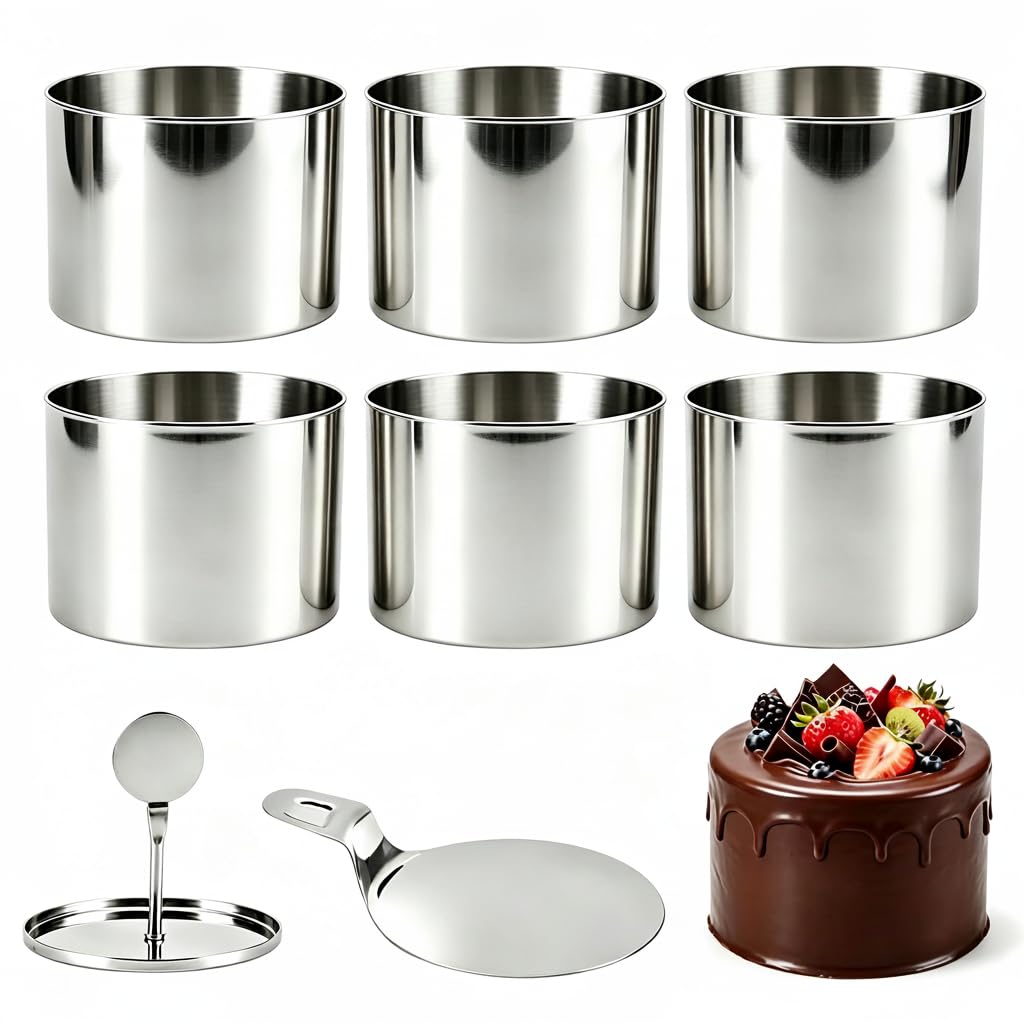 8 Pcs Cake Ring Molds, 3 Inch Round Cooking Crumpet Rings with Pusher & Lifter, Seamless Stainless Steel Cake Cutter For Baking,