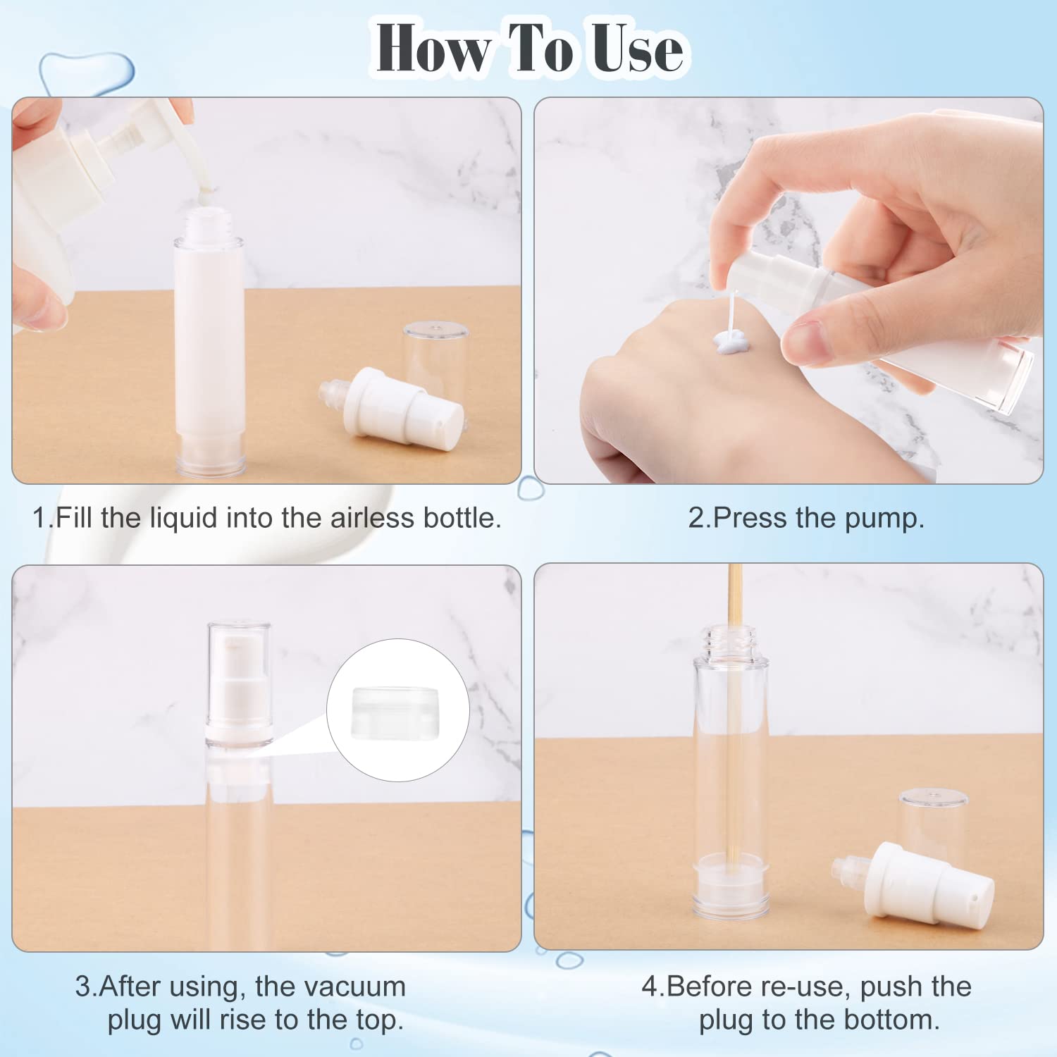 20Pcs 10Ml/0.34Oz Airless Pump Bottle Refillable Plastic Airless Vacuum Dispenser Portable Clear Cosmetic Sample Vial Container