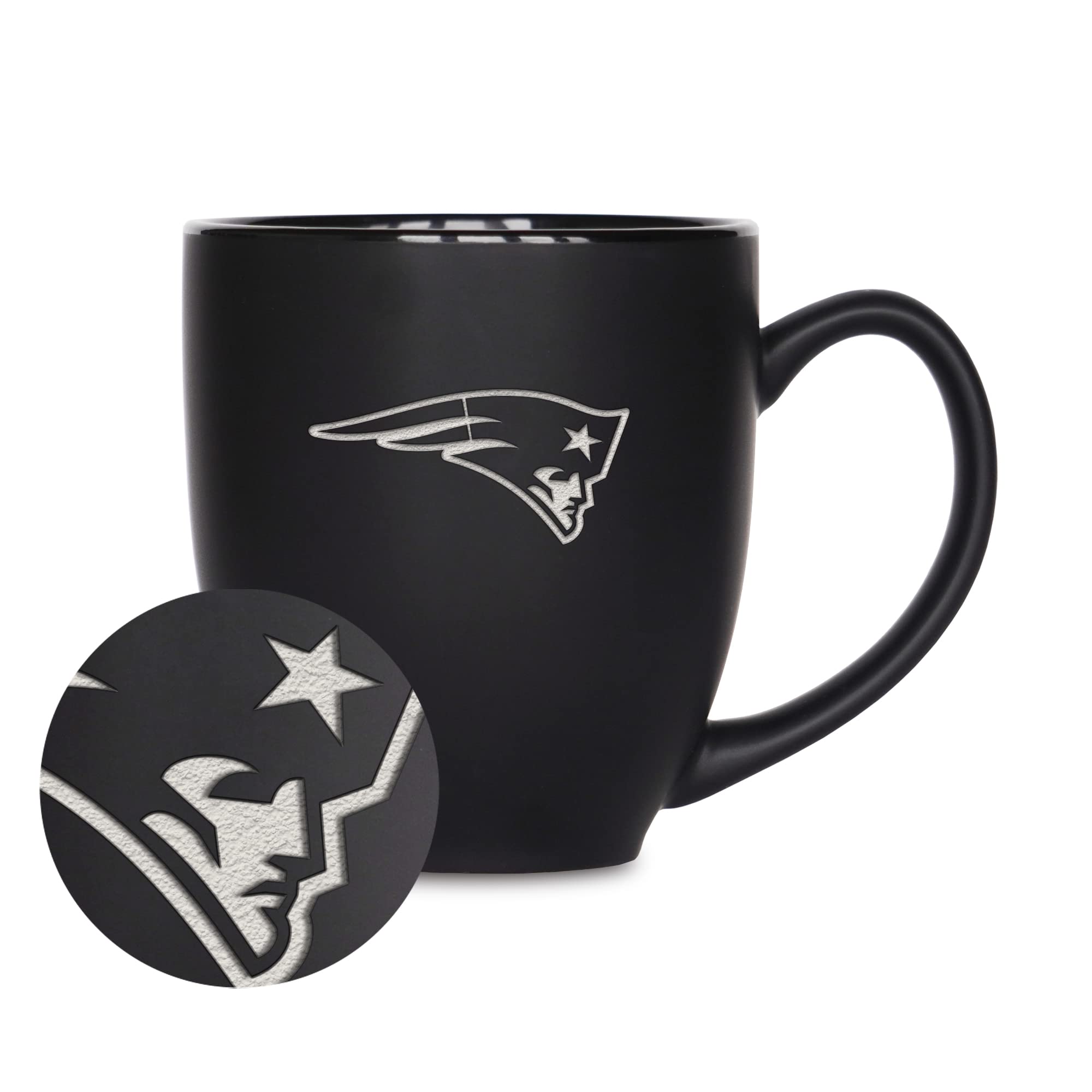 Rico Industries NFL Football New England Patriots Main 15oz Laser Engraved Matte Black Ceramic Bistro Mug - For Hot or Cold Drin