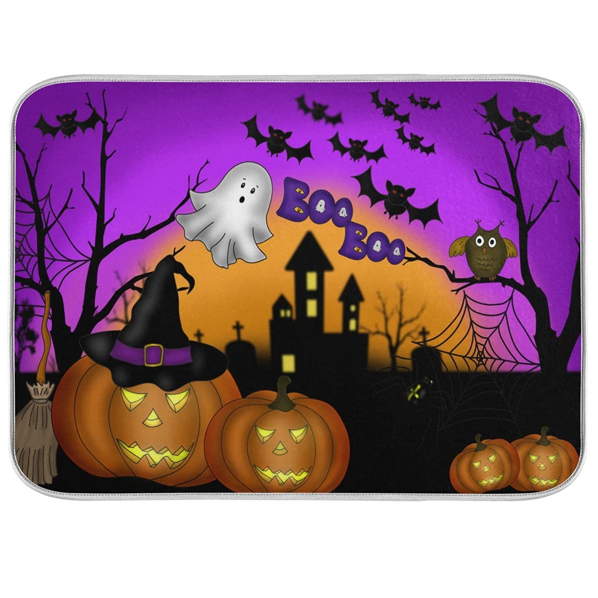 Happy Halloween Pumpkin Ghost Dish Drying Mat 16X18 For Kitchen Counter Witch Skull Purple Reversible Dishes Pad Dish Drainer Ra