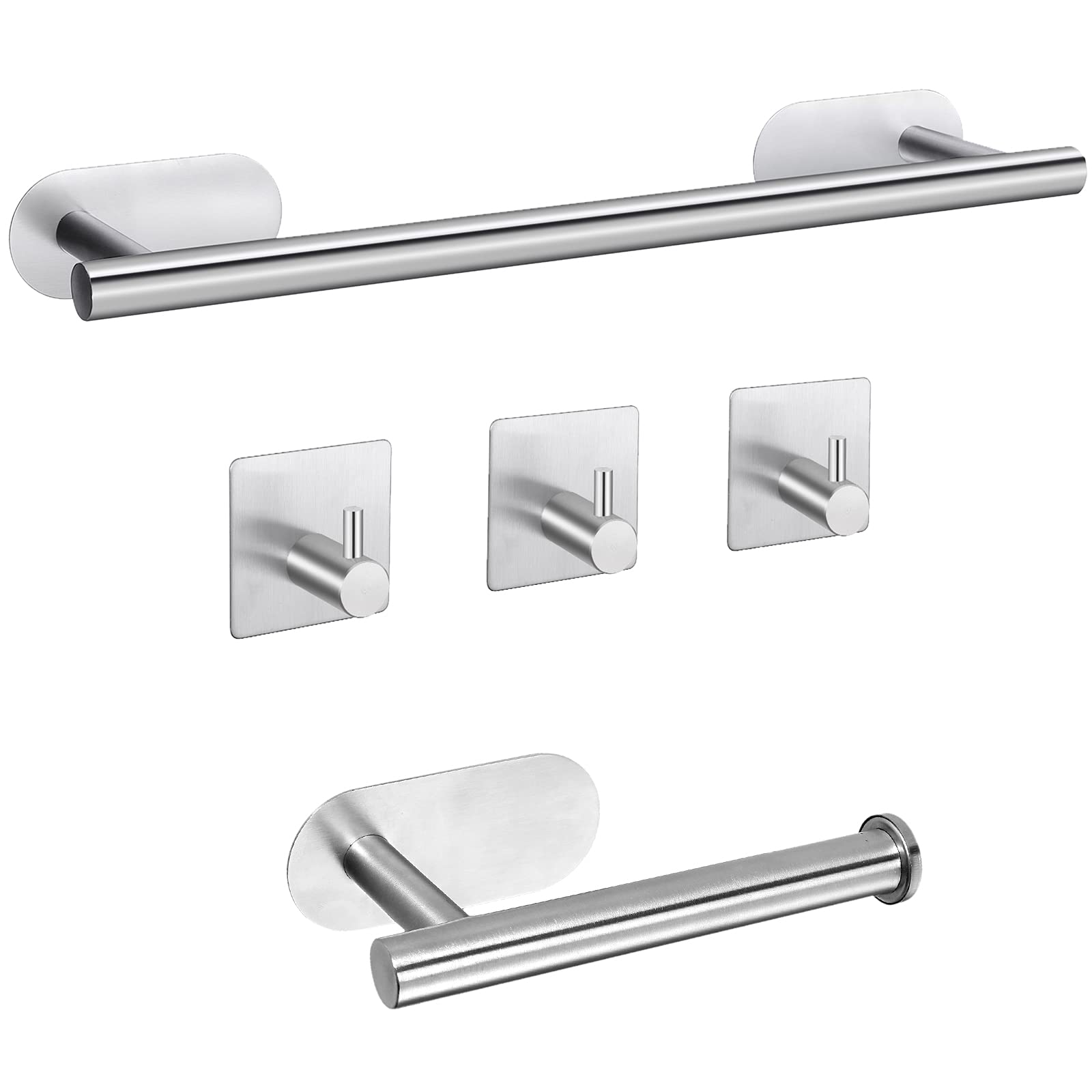 Self Adhesive Towel Bar, Jigiu Bathroom Hardware Set Include 16-Inch Bath Towel Bar,Toilet Paper Holder & 3 Packs Towel Hooks Su