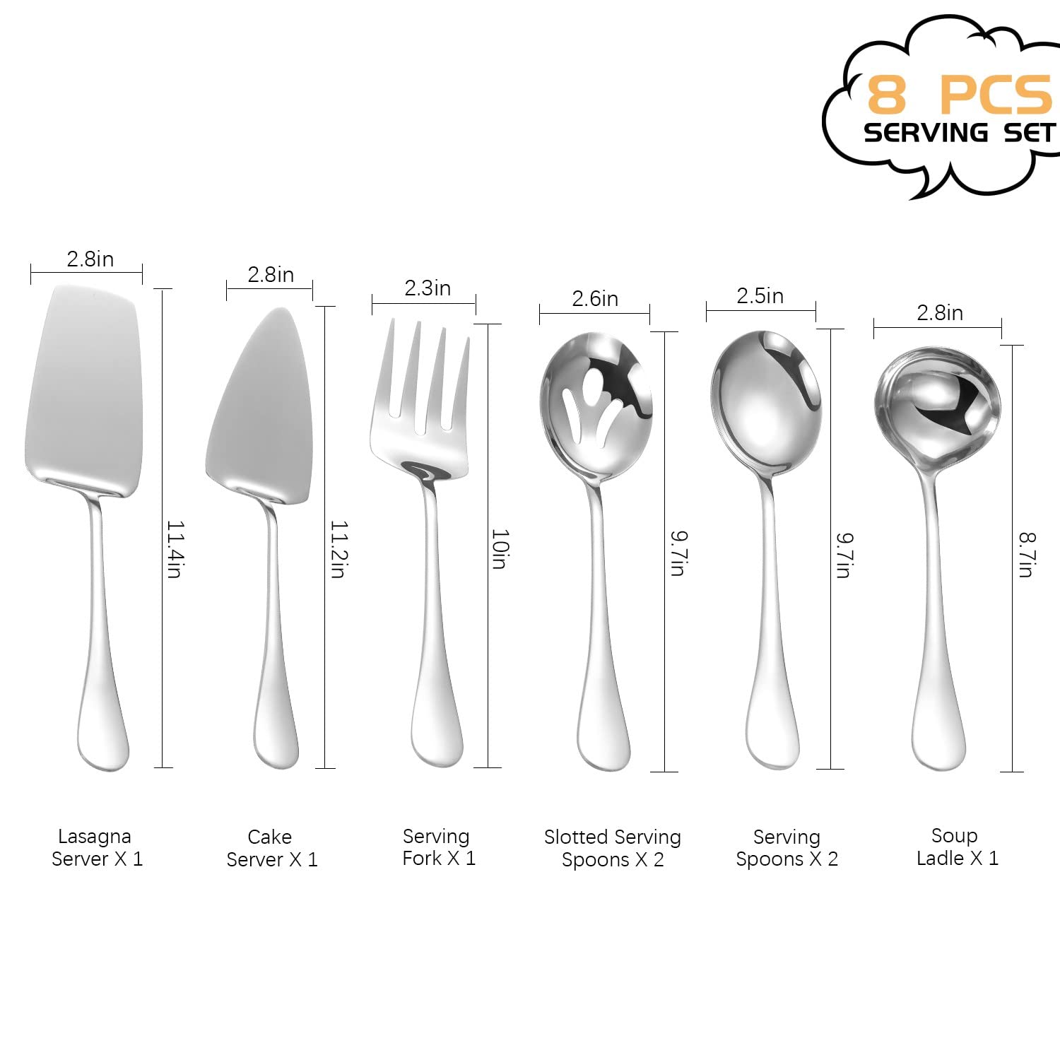 Stainless Steel Serving Utensils,8 Pcs Serving Set With Serving Spoons,Serving Fork,Soup Ladle,Lasagna Server,Pie Server,Polishe