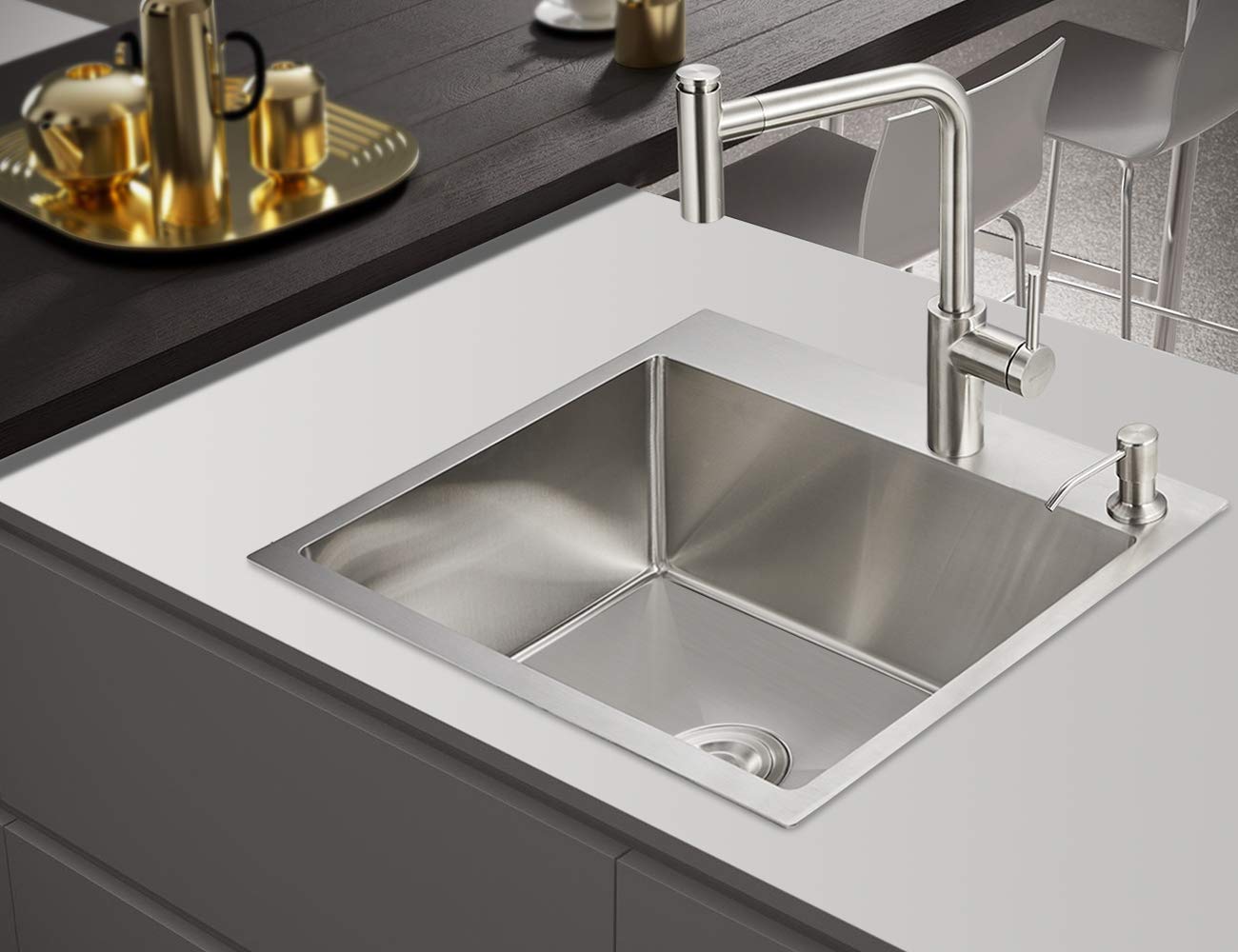 ROVOGO Drop-in 21.7 x 17.7 in. Stainless Steel Single Bowl 2-Hole Kitchen Sink  Top Mount Handmade Bar Prep Sink with Drain
