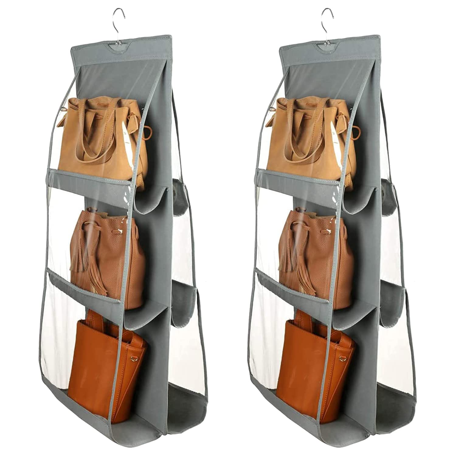 Kuber Industries Handbag Organizer 6 Pockets For Ladies| Non-Woven Foldable Bag Organizer For Wardrobe|Transparent With Hanger|P