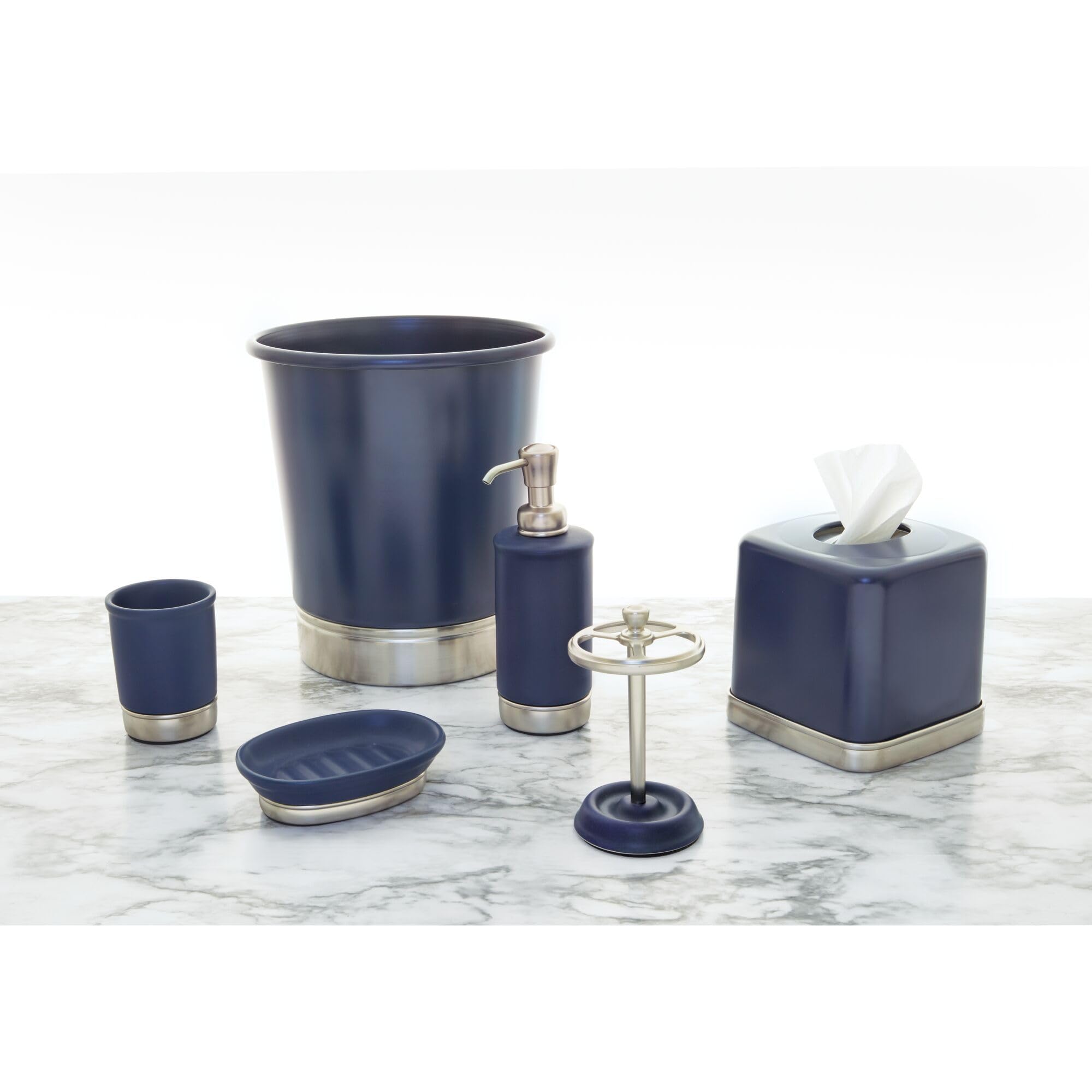 InterDesign York Waste Can, Ceramic, Matte Navy/Brushed Nickel, Model 74784