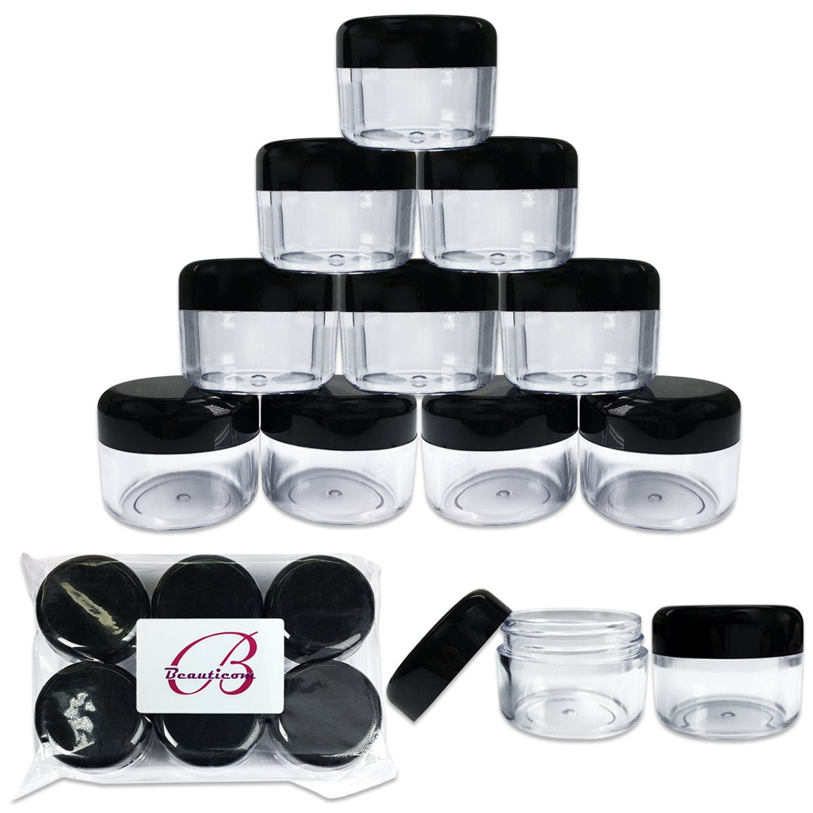 Beauticom 12 Pieces 30 Gram 30 Ml Empty Clear Round Small Jars With Black Screw Cap Lid For Storing Loose Powders And Pigments,