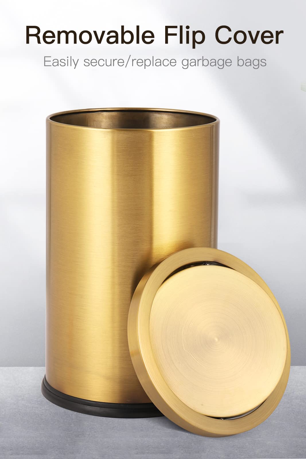 Huaqinglian Stainless Steel Gold Trash Can With Flipping Lid 2.6Gallon Fingerprint-Proof Garbage Cans Wastebasket Bin For Kitche
