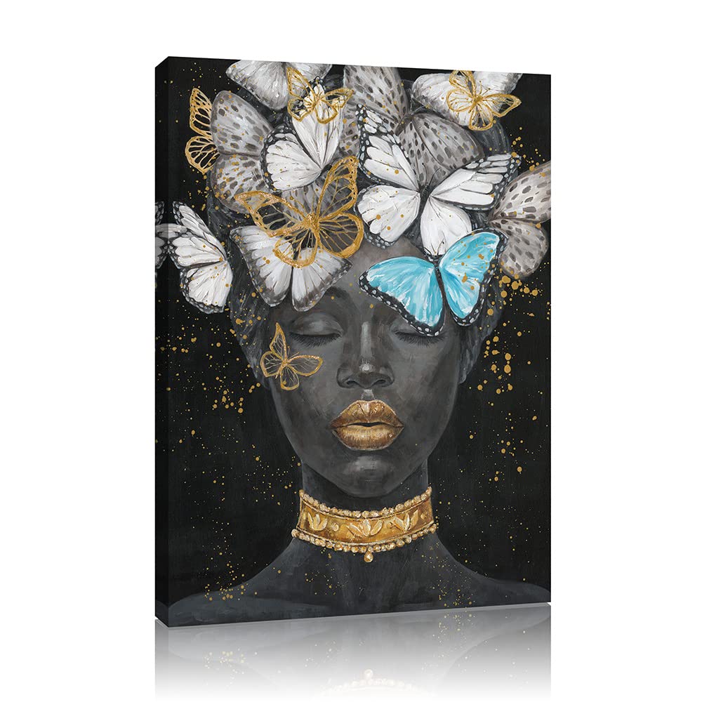 B Blingbling African American Woman Butterfly Picture: Black Woman Butterflies Wall Decor Canvas Painting For Living Room Bathro