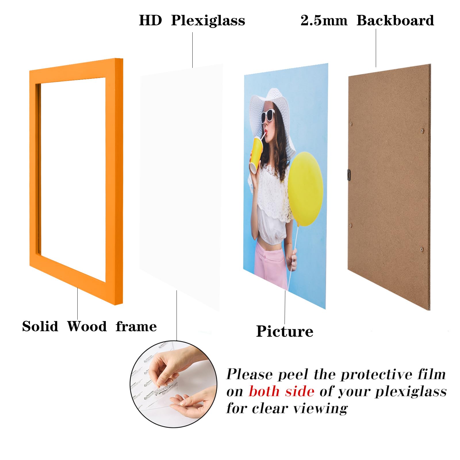 wyooxoo 8x10 Picture Frames Set of 4 Orange Made of Solid Wood Photo Frames Colorful Frame with HD Plexiglass, Wall Mount and Ta
