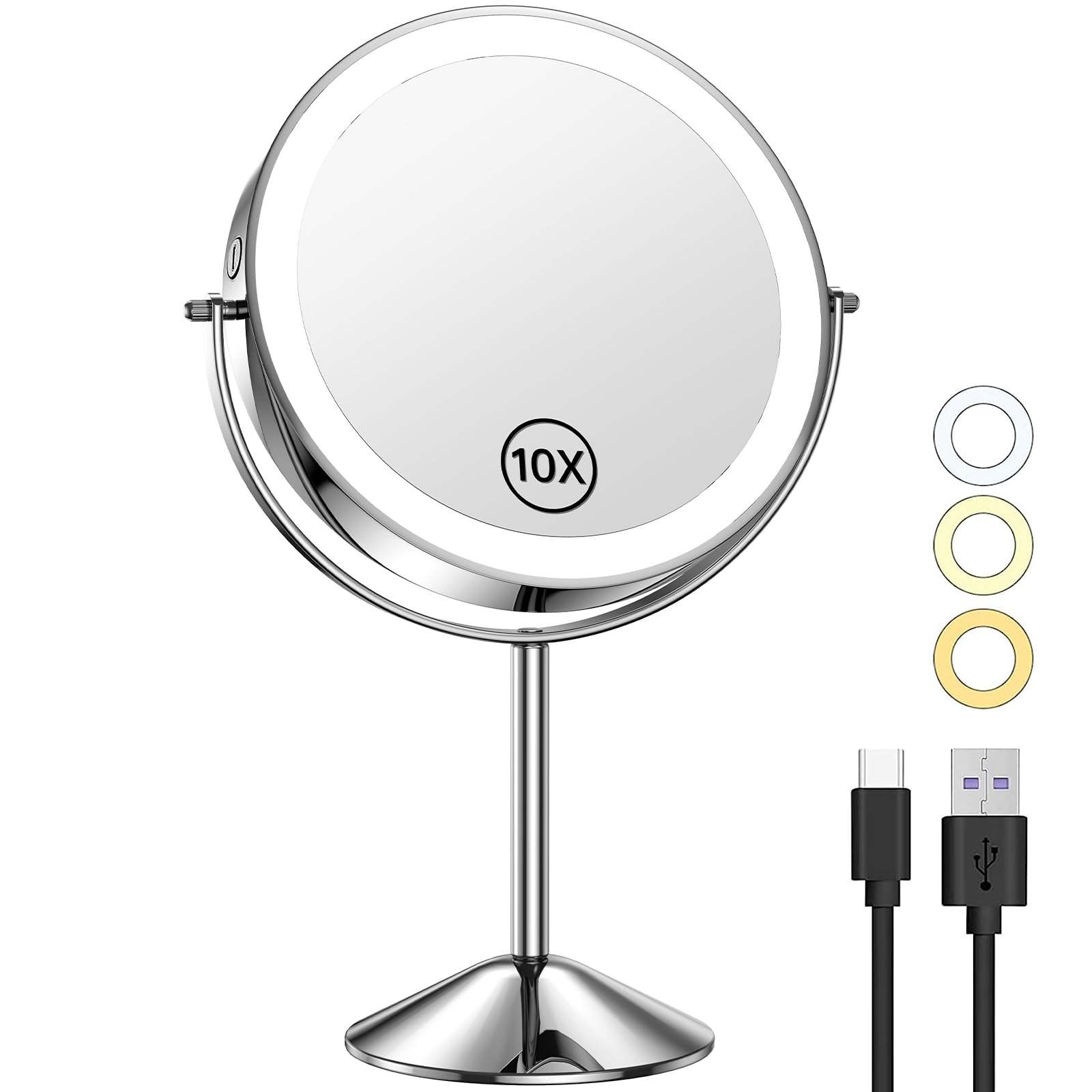 Gospire 8 Inch Lighted Makeup Mirror 1X/10X Magnifying Led Makeup Mirror 3 Color Dimmable Lighting Modes Rechargeable Cordless C