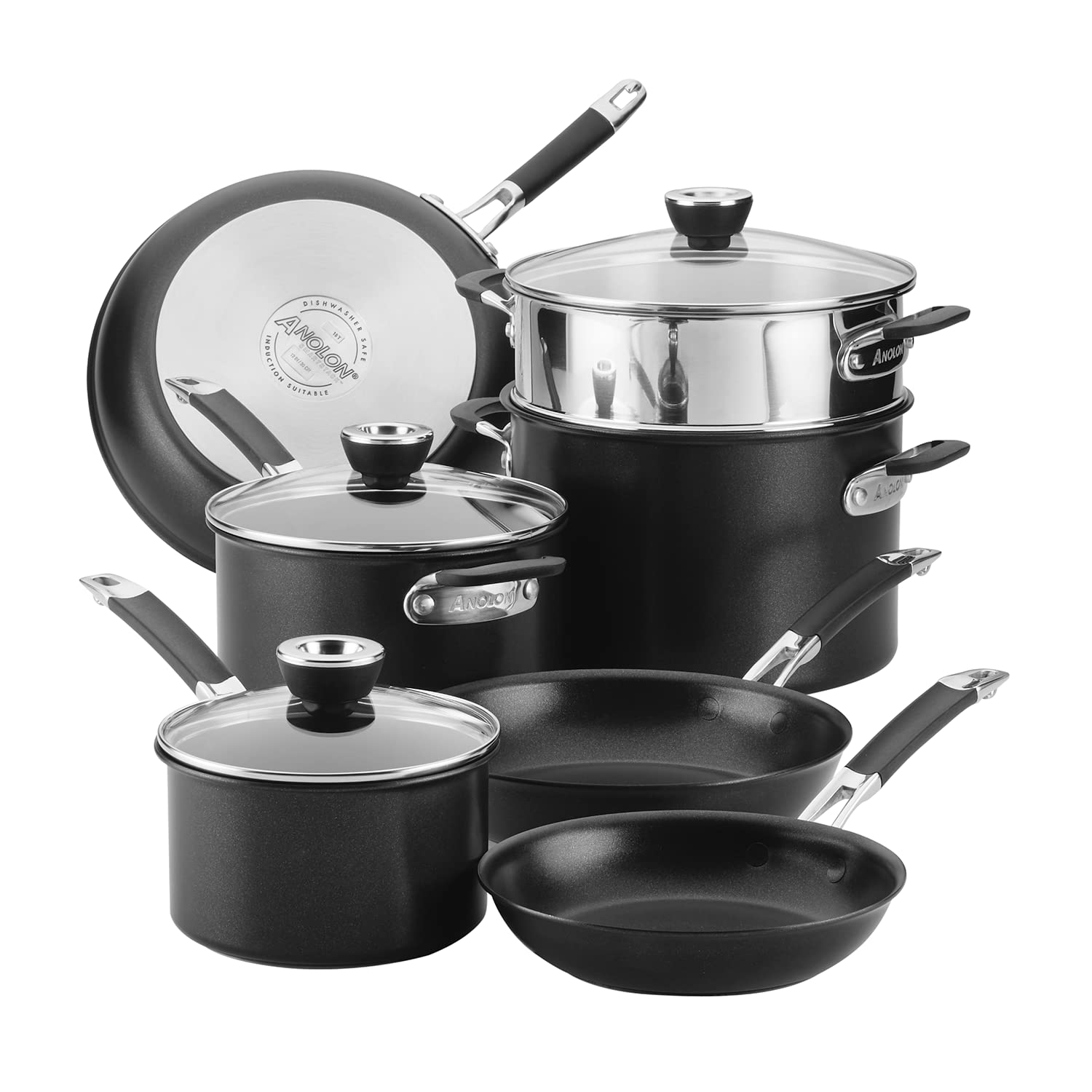 Anolon SmartStack HardAnodized Nesting Pots and Pans Set/Cookware Set, 10Piece, Black