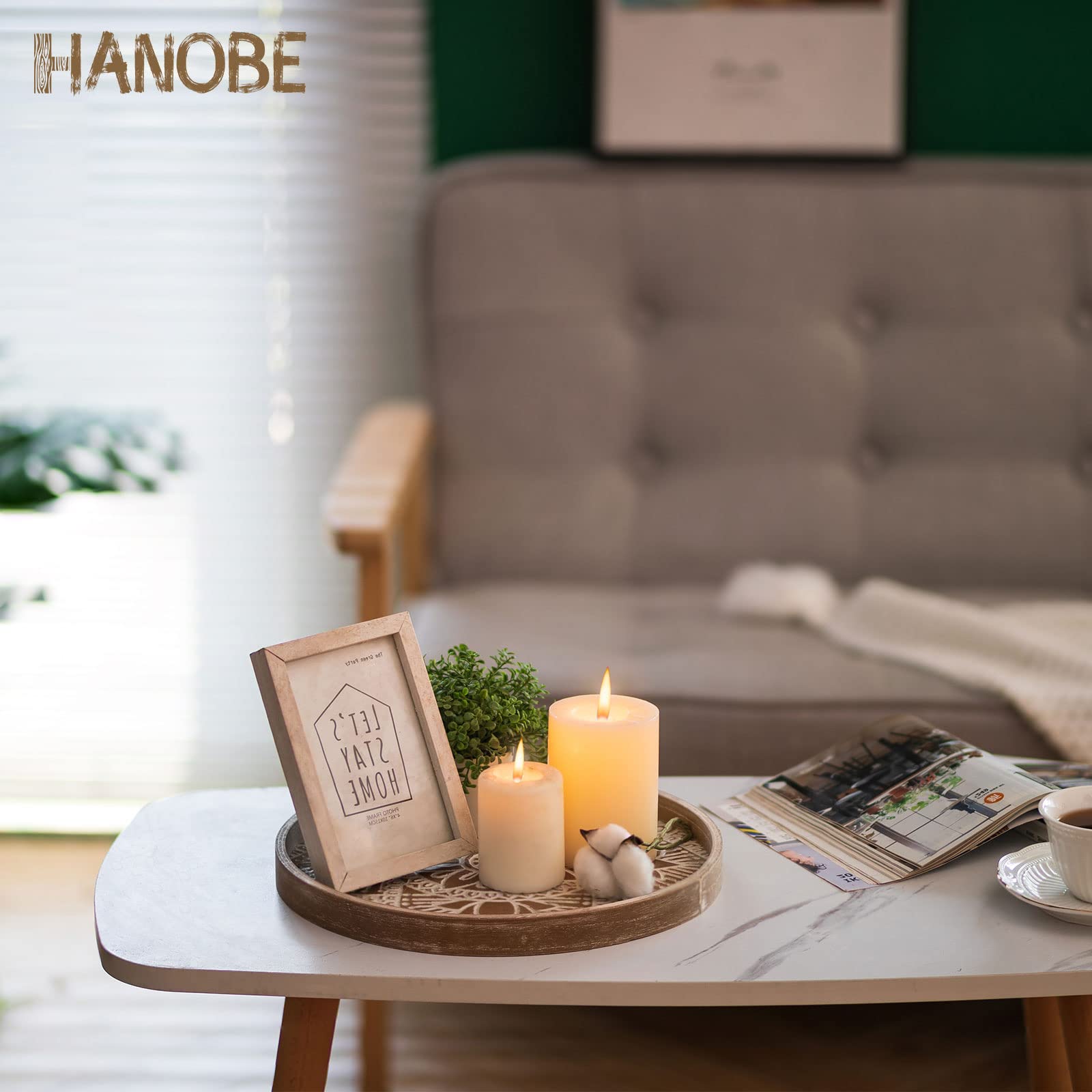Hanobe Round Wood Decorative Tray: Boho Coffee Table Tray Farmhouse Rustic Brown Centerpiece Decor Wooden Serving Trays Circle T