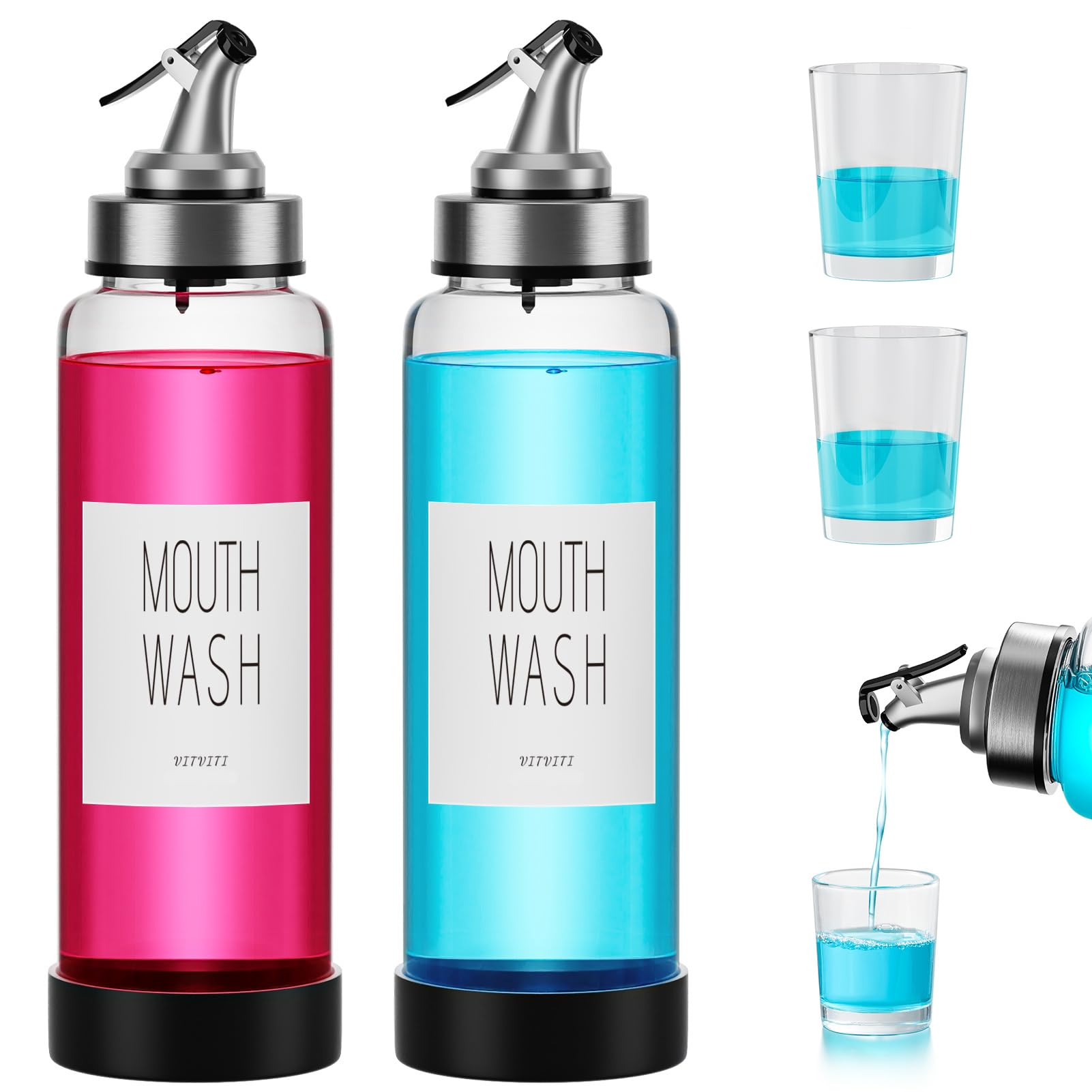 Vitviti Mouthwash Dispenser For Bathroom, Glass Mouth Wash Container With 2 Glass Cups, Press Lid 17Oz Clear Refillable Mouthwas