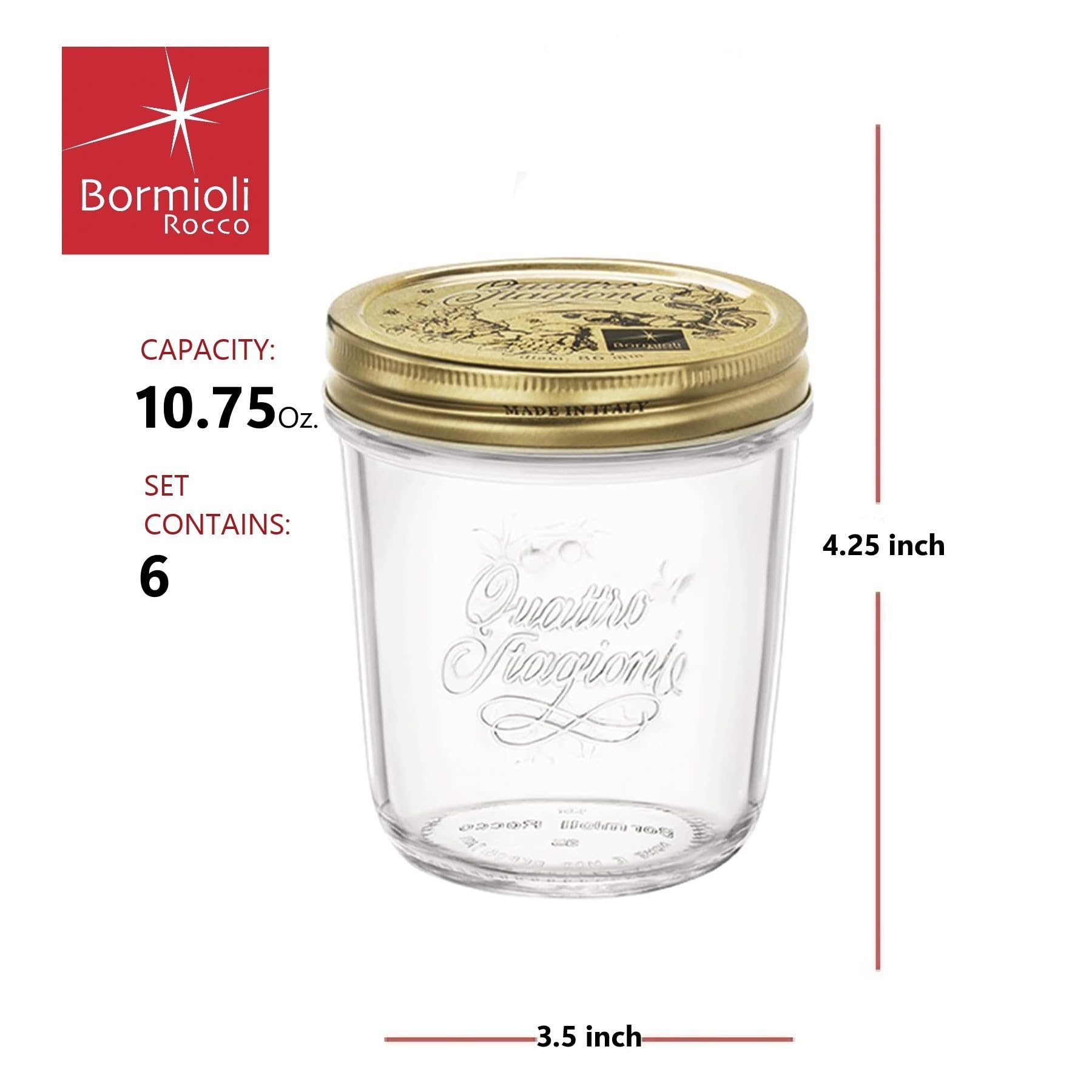 Bormioli Rocco Quattro Stagioni Set Of 6 Clear Airtight Mason Jars, 10.75 Oz. Made From Durable Glass, Made In Italy.