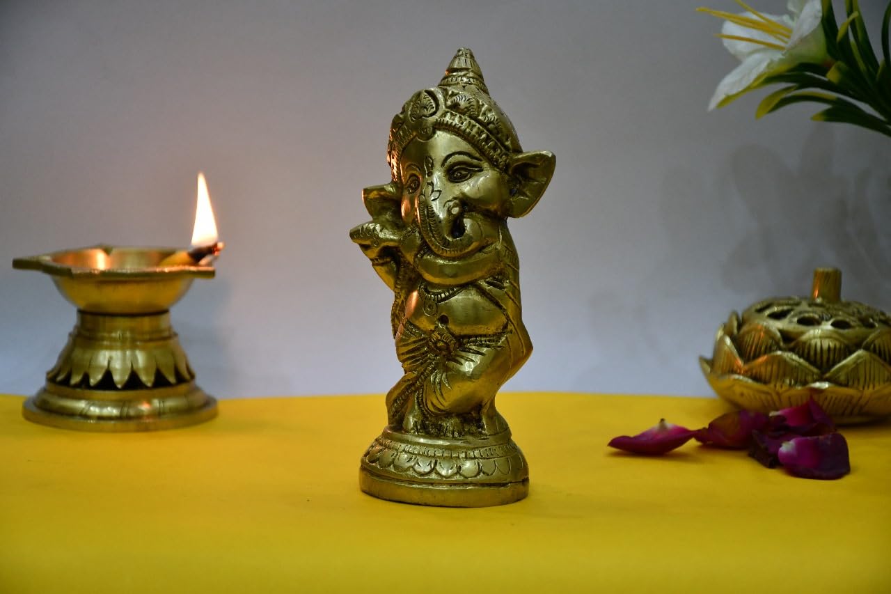 Brixus Brass Ganesh Idol, 14 Cm, Baby Ganesha Playing Flute, Standing Position Statue