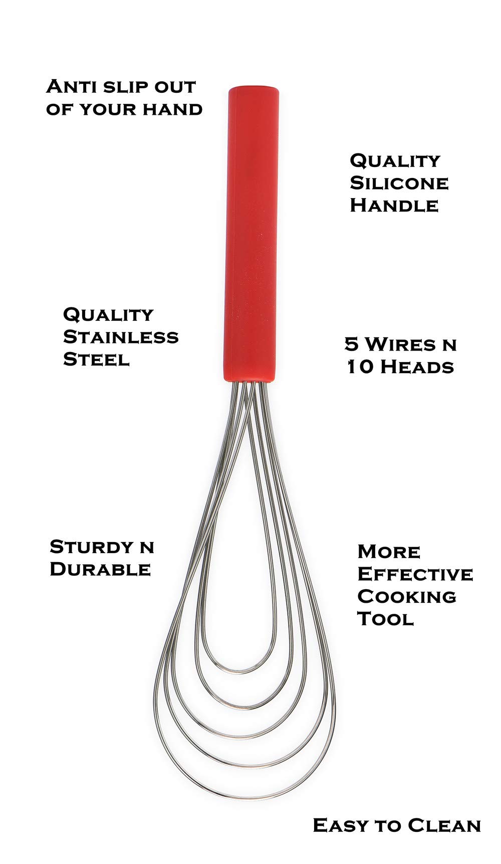 Jell-Cell Flat Whisk - 10" Silicone Handle, Non-Slip, 5 Wires, Red, Stainless Steel
