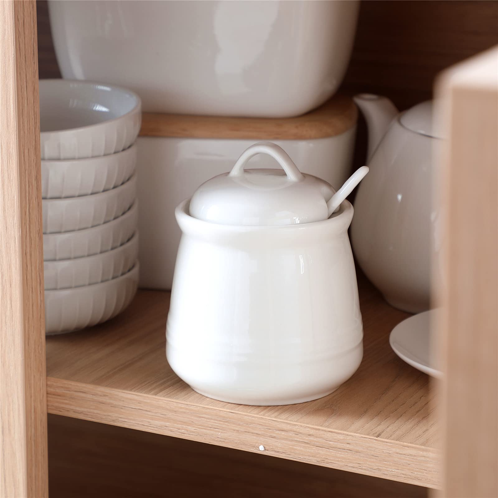 HAOTOP Porcelain Sugar Bowl with Spoon and Lid, 12 oz, White Ceramic Salt Bowl for Home and Kitchen