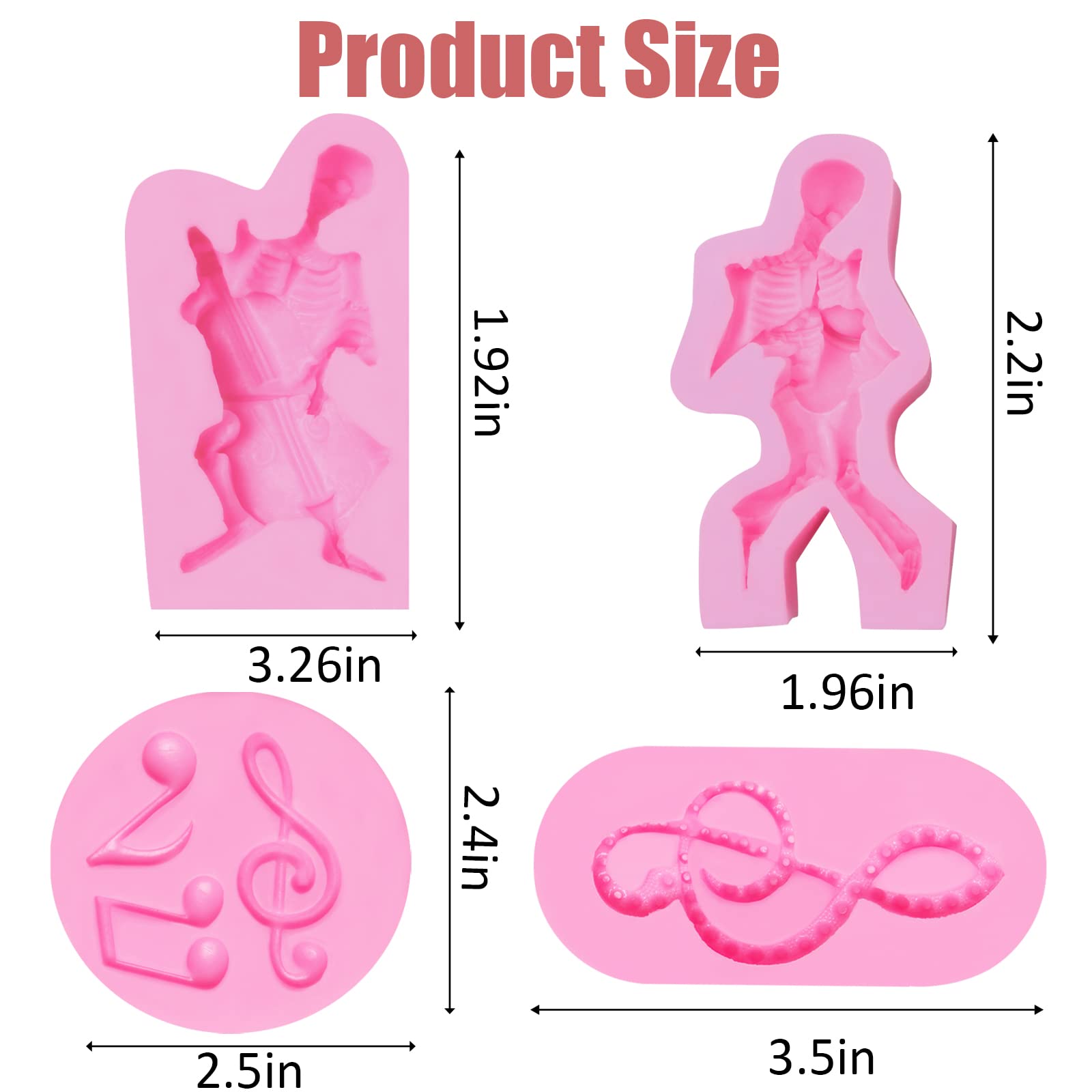 3D Skull Cake Silicone Fondant Mold 4 Pcs, Halloween Skull Skeleton Musical Instrument Molds For Cake Decoration, Candy, Cupcake
