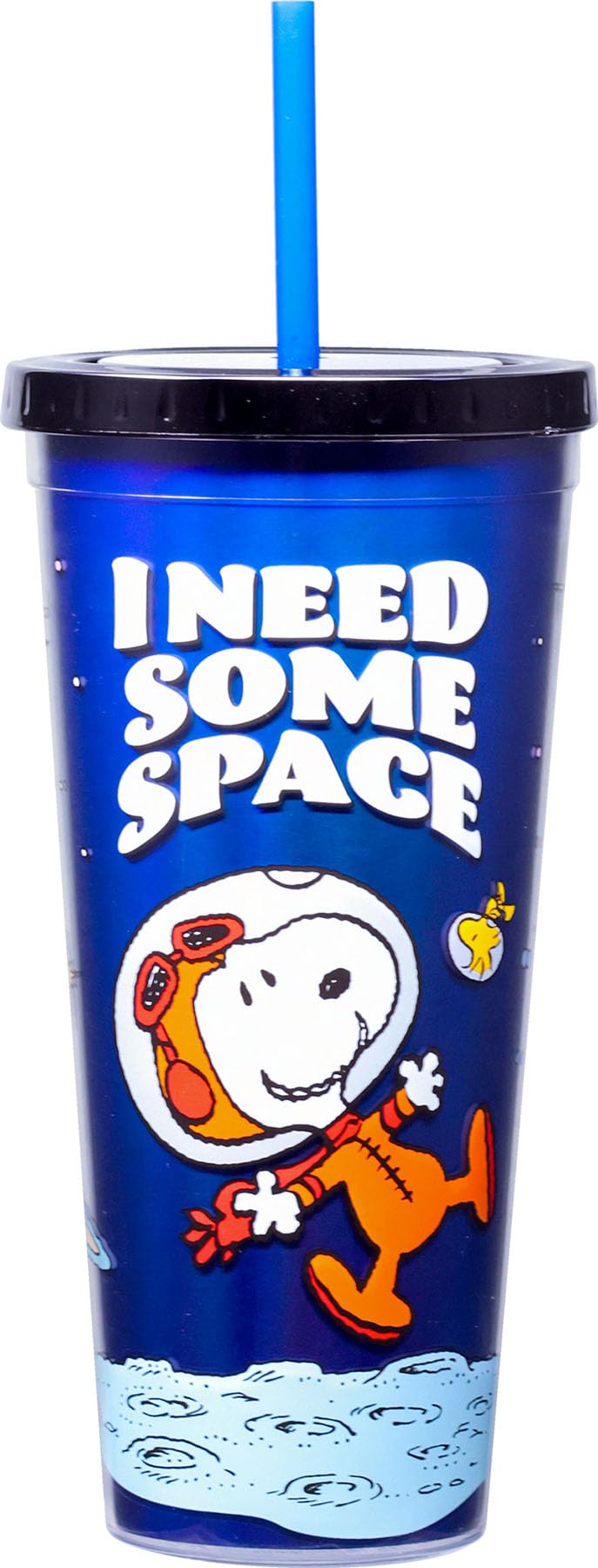 Spoontiques Snoopy Space Foil Cup - 20oz Acrylic Foil Cup with Straw - Metallic Locking Lid - Double Wall Insulated and BPA Free