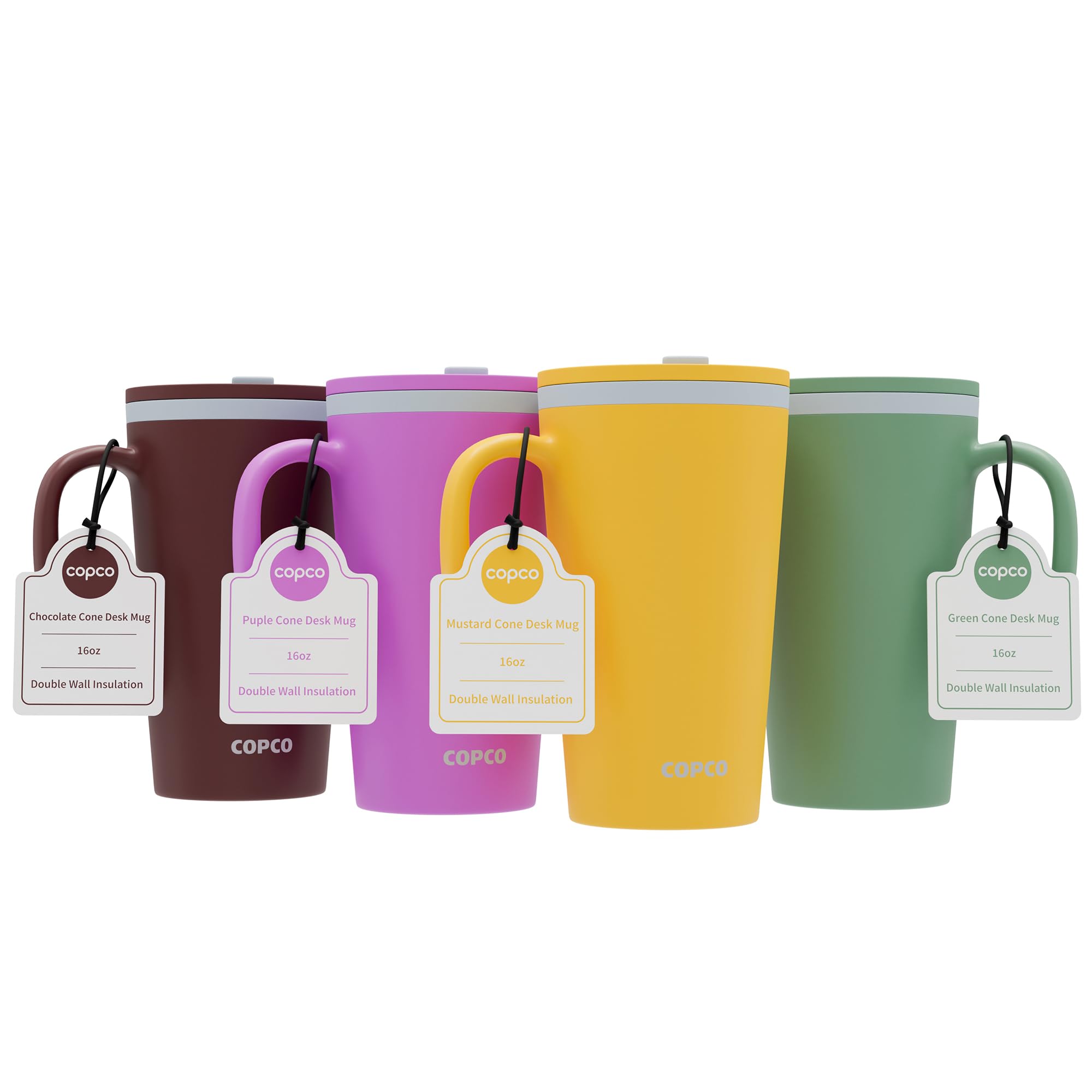 Copco Cone Desk Mug, 16 Ounce (Set of 4) - Double Wall Insulated Mug Set with Lid and Handle, Microwave & Dishwasher Safe, BPA-F
