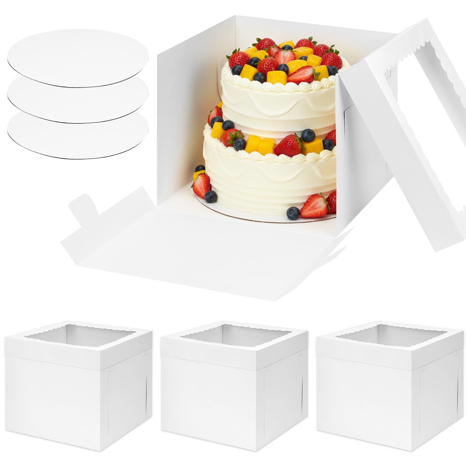 Moretoes 3 Pack Cake Boxes 12 Inch with Boards, 12x12x10 Inches White Cake Carrier Bakery Containers, Disposable Bakery Boxes fo
