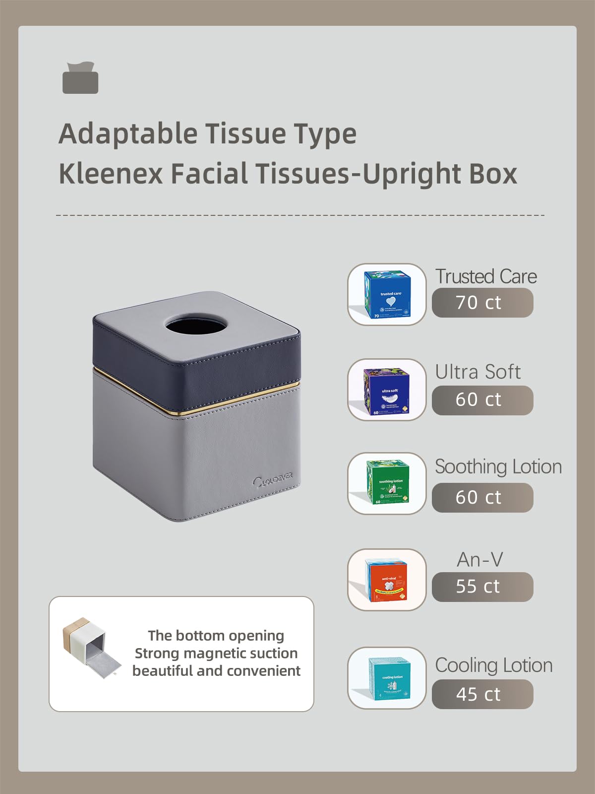 Cloudever Tissue Box Holder Cover Square, Modern Pu Leather Decorative Tissue Cube Holder Organizer - Moon Grey