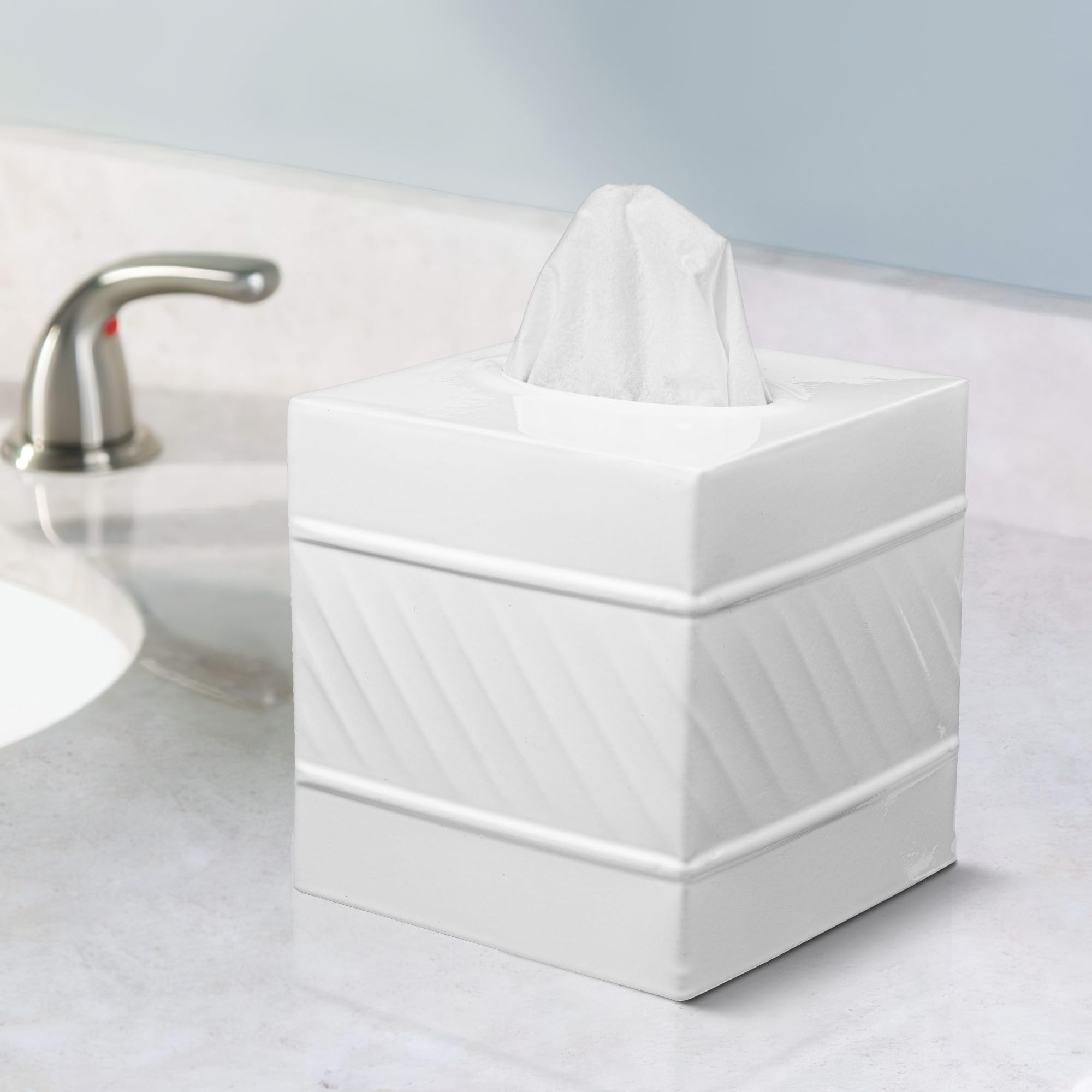 Monarch Abode 39027 Handcrafted Tissue Box Square Cover Holder And Dispenser, Wave Embossed, Metal Dresser Accessories For Offic