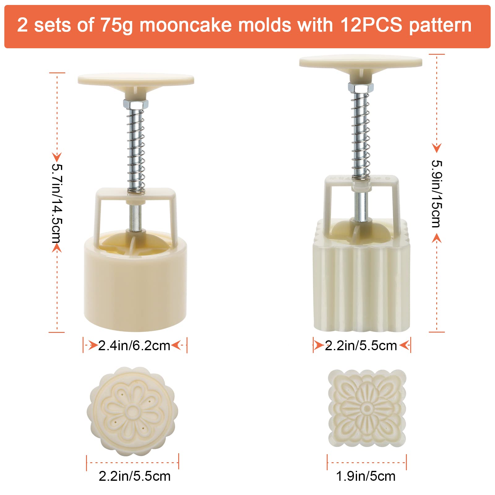 Luxiv Moon Cake Mould 75G, 12 Pcs Pattern Hand-Pressure Mooncake Molds For Mid-Autumn Diy Pastry Tool 2 Sets With 6Pcs Round Flo