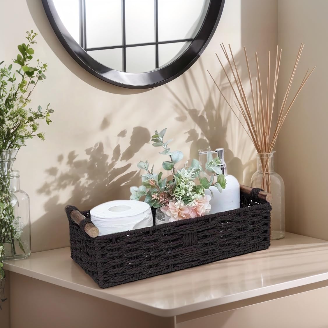 Black Paper Rope Storage Basket with Handle, Handwoven Wicker Organizer for Bathroom, Toilet Tank Top, Countertop & Back of Toil