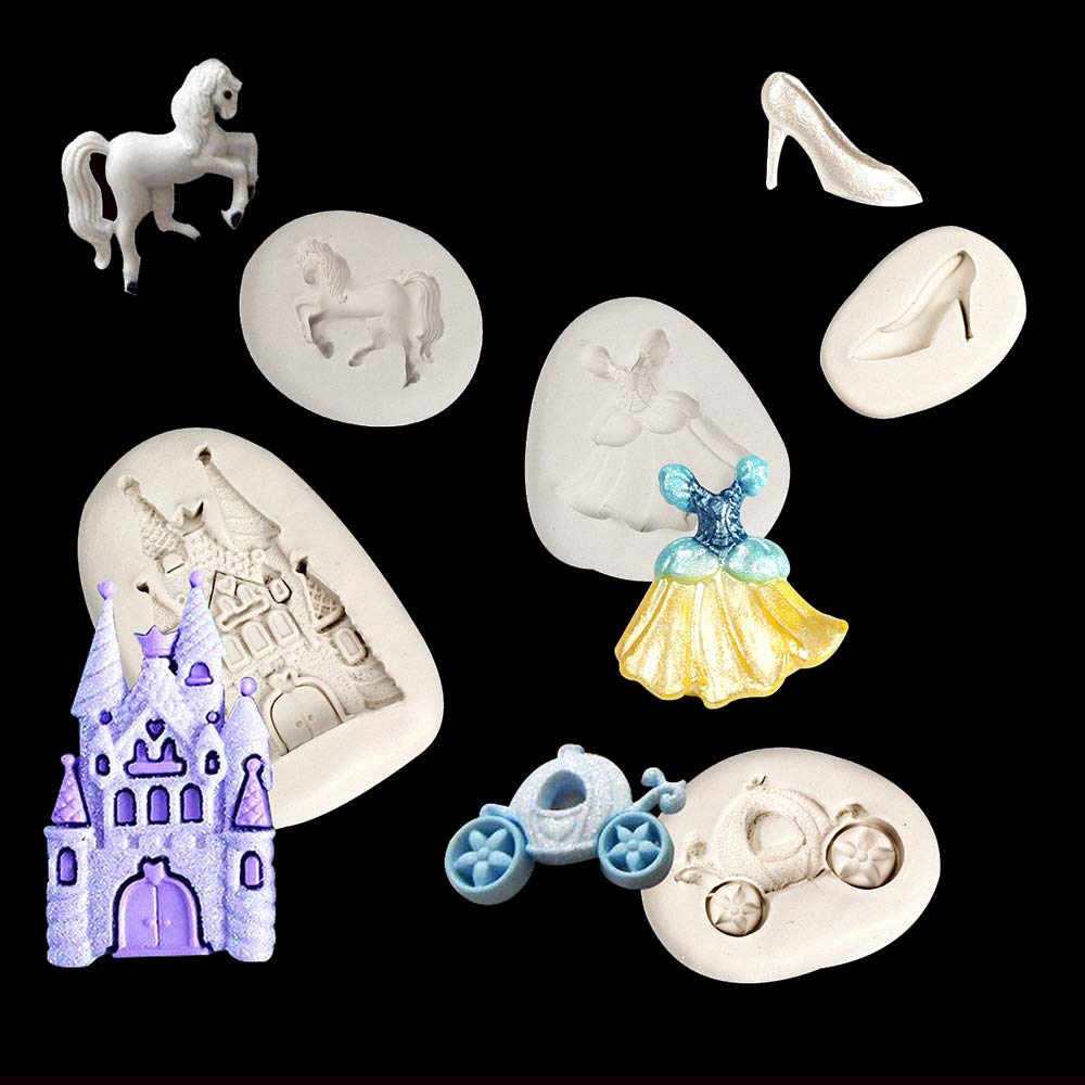 5Pcs/Set Cinderella Fondant Mold Fairy Tales Castle Pumpkin Carriage Princess Dress Crystal Shoes Silicone Chocolate Candy Mold